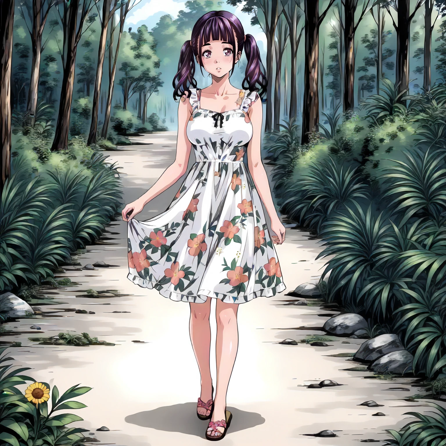 <lora:JdMnS_SanaXLpony001>,
outdoors,nature,
parted lips,looking at viewer,
solo,
Sana,1girl,black -purple hair,twintails,purple eyes,
large breasts,
sundress,floral dress,sleeveless,
sandals,
full body,standing,