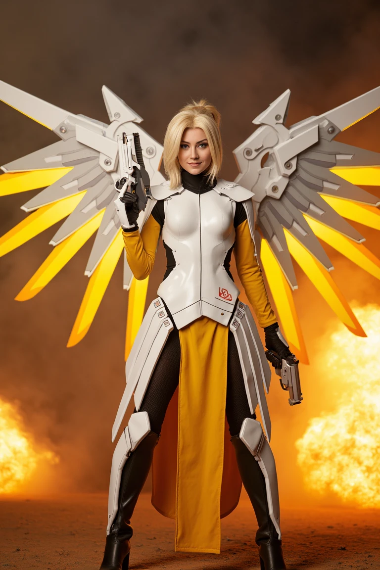 a person in a mercy outfit with two pistols in an epic block buster movie scene. She has white glossy armor reflecting the explosions. Dramatic lighting with explosions and smoke around her. Her large mechanical wings are glowing yellow in the dark. 