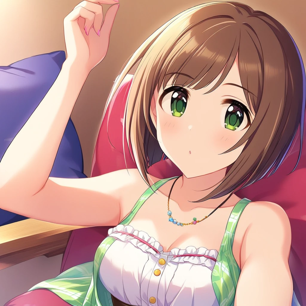 1girl, mekwmk,solo,short hair,brown hair,green eyes,maekawa miku,