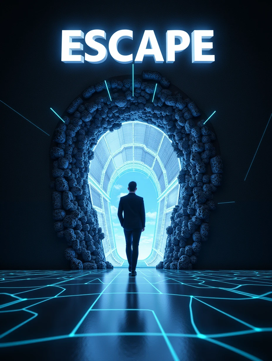 Juaner_font,
Theme: Virtual Worlds
Text Content: "Escape" across the top, black matte texture
Visual Content: A person stepping through a digital portal into a virtual landscape
Background Description: Silver carbon fiber with neon outlines of a virtual grid, light and immersive