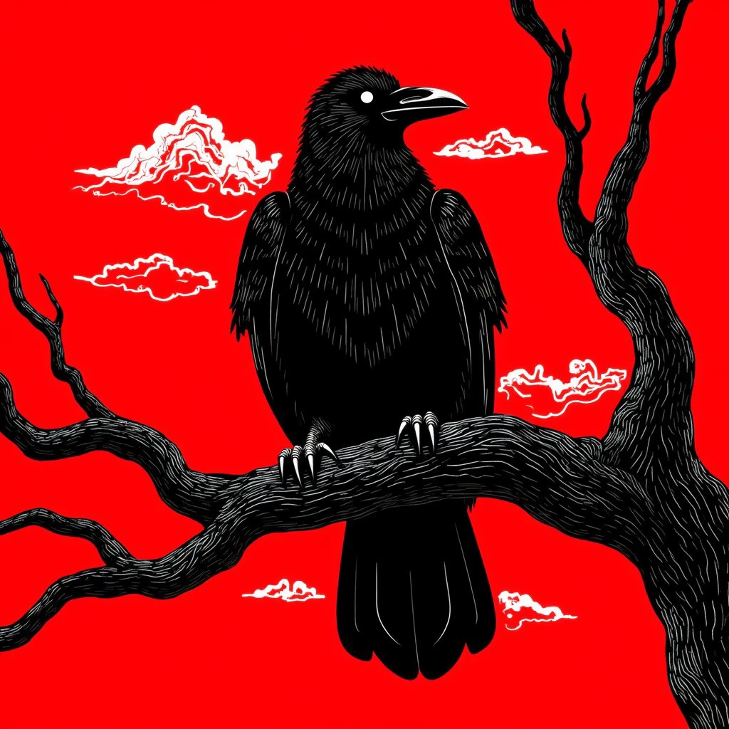 This is a digital drawing with a stylized, cartoonish aesthetic. The image features a large, black raven perched on a gnarled tree branch. The raven's feathers are depicted with fine, detailed lines, showcasing its wings outstretched as if in flight. The bird's beak is sharp and curved, with a single, intense, glowing eye that adds a sense of mystery and intensity. The raven's claws are prominently displayed, gripping the branch with a firm grip. The background is a vivid, bright red, creating a stark contrast with the black bird and branches. The red background is adorned with white, swirling patterns that resemble clouds or smoke, adding to the surreal and otherworldly atmosphere. The tree branches are also rendered in black, with intricate, detailed textures that suggest age and weathering. The branches extend across the top and bottom of the image, framing the raven and adding depth to the composition. The overall style is reminiscent of modern digital art, with clean lines and bold, contrasting colors, evoking a sense of dark fantasy and mystery. The image is highly detailed yet simple, focusing on the raven's dramatic pose and the striking red background.