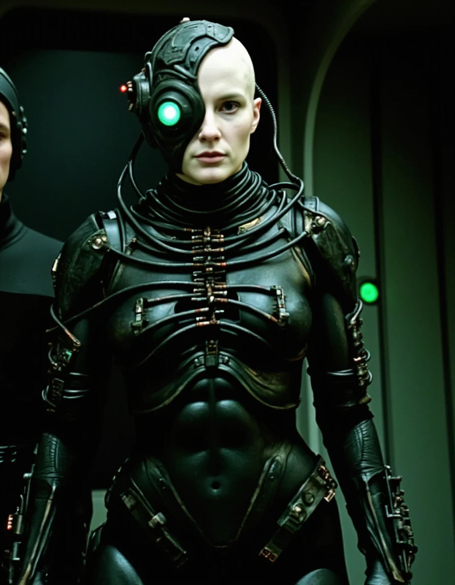 Borg woman from Star Trek, standing in a dark, mechanical environment. Her face is pale with a mix of human features and sleek cybernetic implants. A glowing green ocular device covers one eye, with wires running down her neck into her body. Her skin is interlaced with black mechanical plating, exposing only a few patches of organic flesh. The outfit is a mix of high-tech armor and organic elements, with wires and tubes snaking around her limbs. The background is filled with shadowy machinery and faint green lights, emphasizing the cold, calculating nature of the Borg. The overall style is dark, gritty, and industrial, with an eerie, green-tinted glow casting shadows across her form. <lora:borg_v1:0.8>