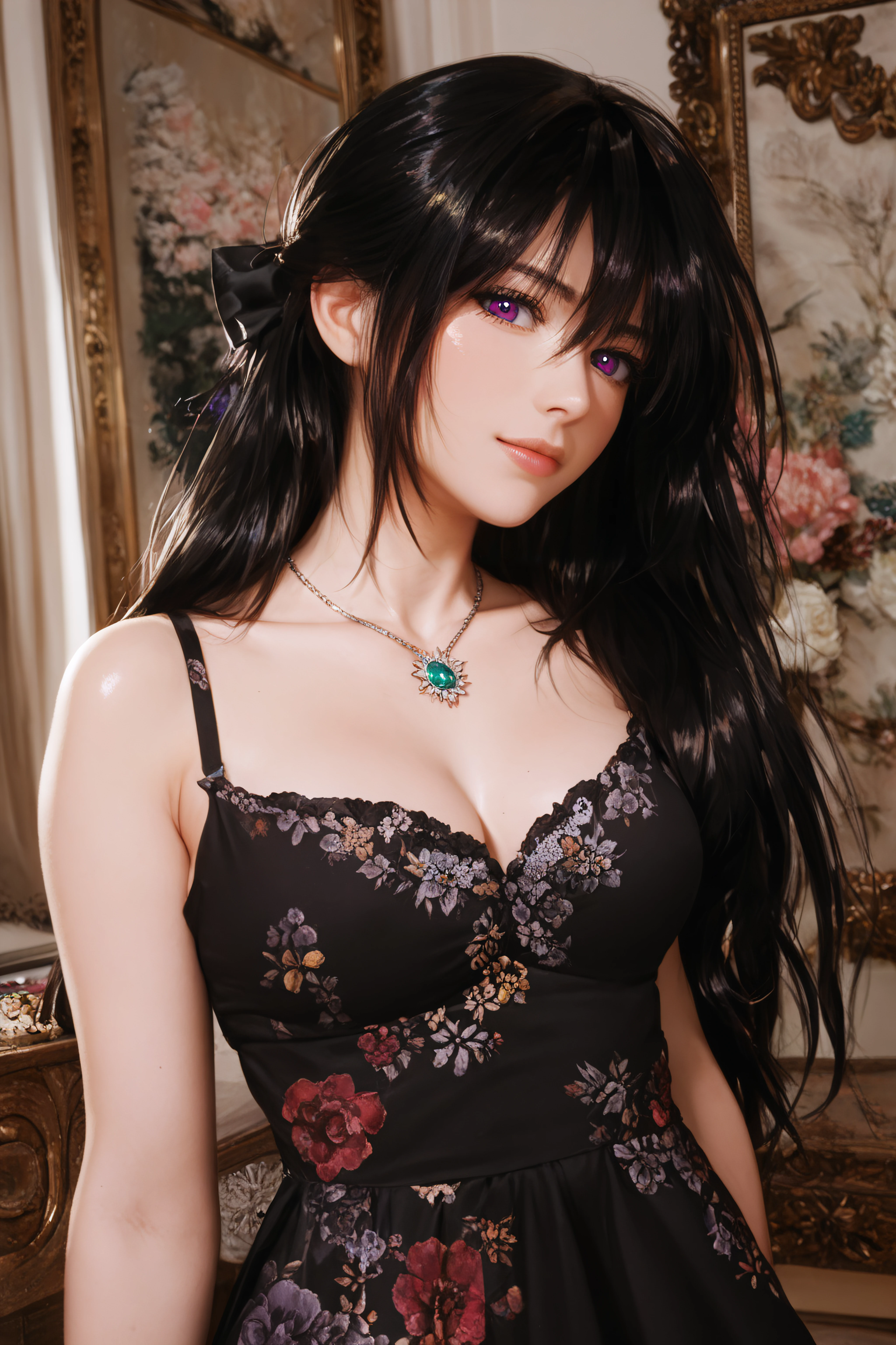 score_9, score_8_up, score_7_up, BREAK source_anime, <lora:Rainelle-PonyXL-lora-Faxtron:1> rainelle, purple eyes, black hair, long hair, shiny hair, medium breasts, necklace, black dress, bare shoulders, floral print, collarbone,