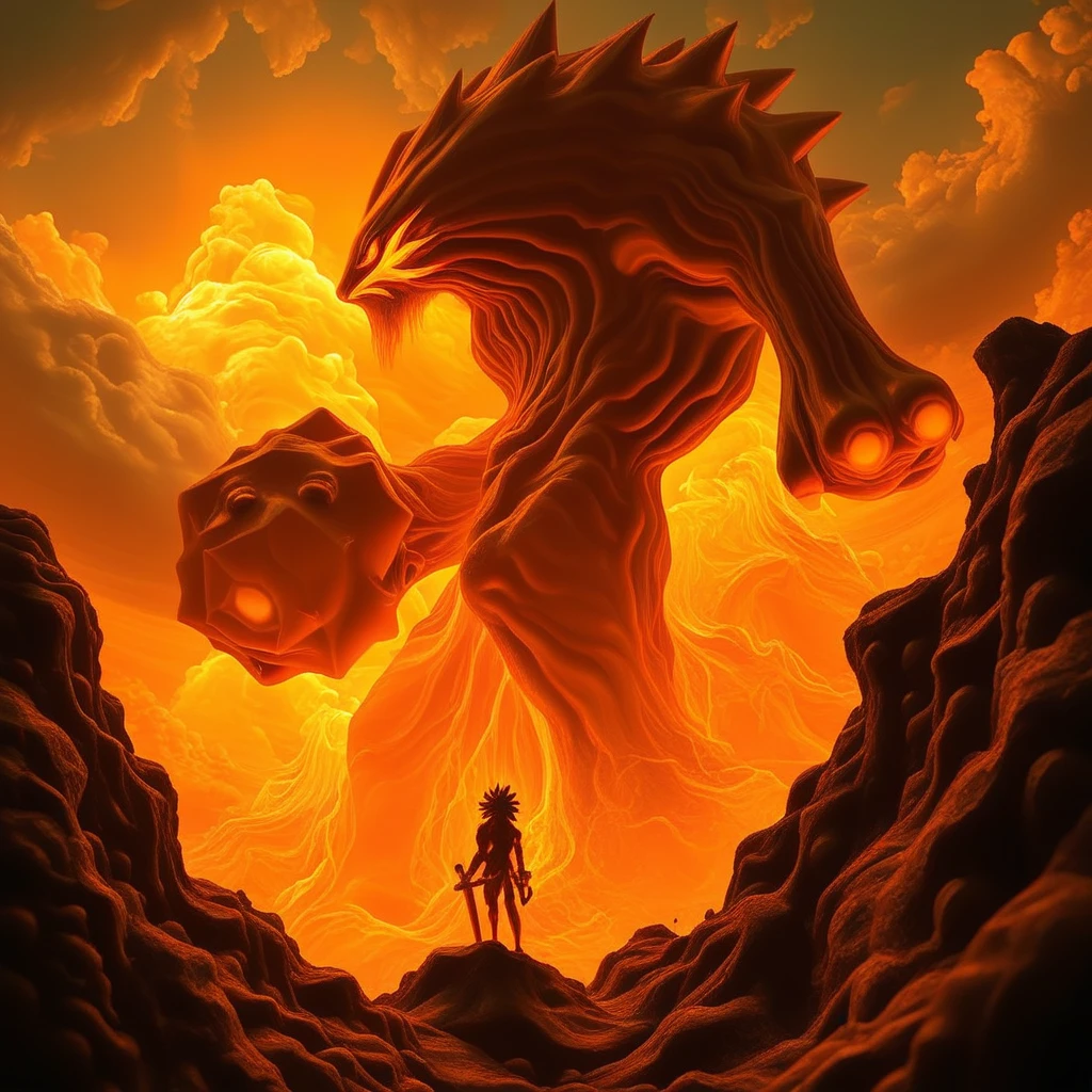 weapon, dripping, 1other, pokemon (creature), sword, muscular male, orange theme, glowing, sky, black, beard, slimy, spiked hair, cloud, rock, glowing eyes, tree, 1girl