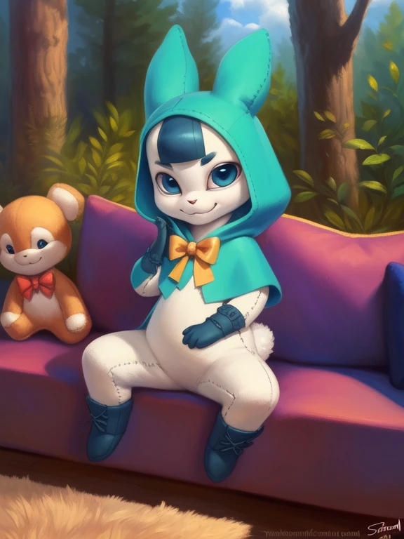 <lora:TadonaPopinQYif:1> TadonaPopinQ, hood with bunny ears, dark blue boots, dark blue gloves, dark blue bangs, bow tie, blue eyes, (plush doll body,) , chibi,
(solo focus), Looks at the viewer, (((Sits on the couch, spreads her legs, smirks, caresses herself,)))
[ large window, (nature), forest, grass, day shining, clouds, flowers, blanket, blue pillows, candles, bed, pillows, ]
(beautiful, aesthetic, perfect, delicate, intricate, saturated colors), masterpiece, digital drawing, best quality,
by ulitochka, by taran fiddler, by Silverfox5213, by personalami,