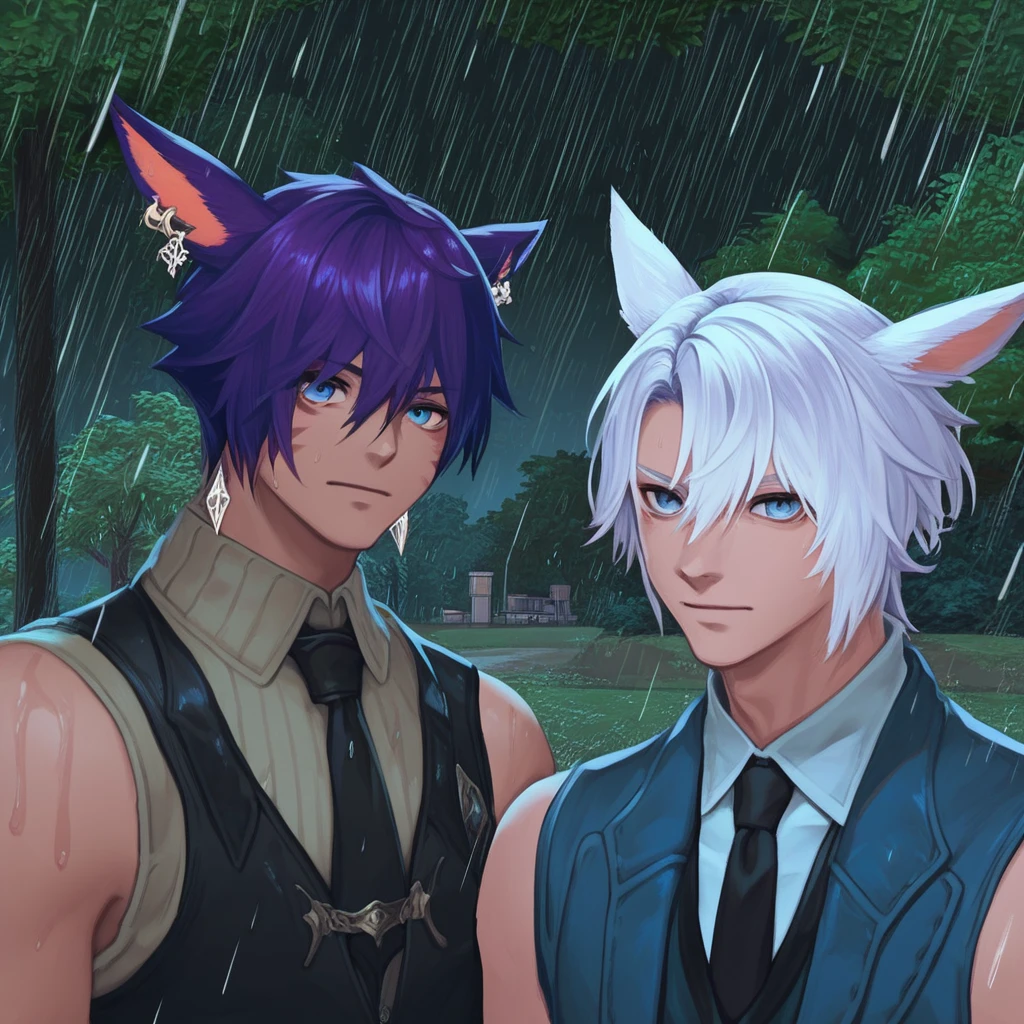 dt_xiv_style, looking at viewer, short hair, blue eyes, shirt, animal ears, jewelry, jacket, purple hair, white hair, male focus, earrings, outdoors, multiple boys, necktie, sleeveless, 2boys, tree, rain, miqo'te, score_9, score_8_up, score_7_up, score_6_up, score_5_up, score_4_up,
