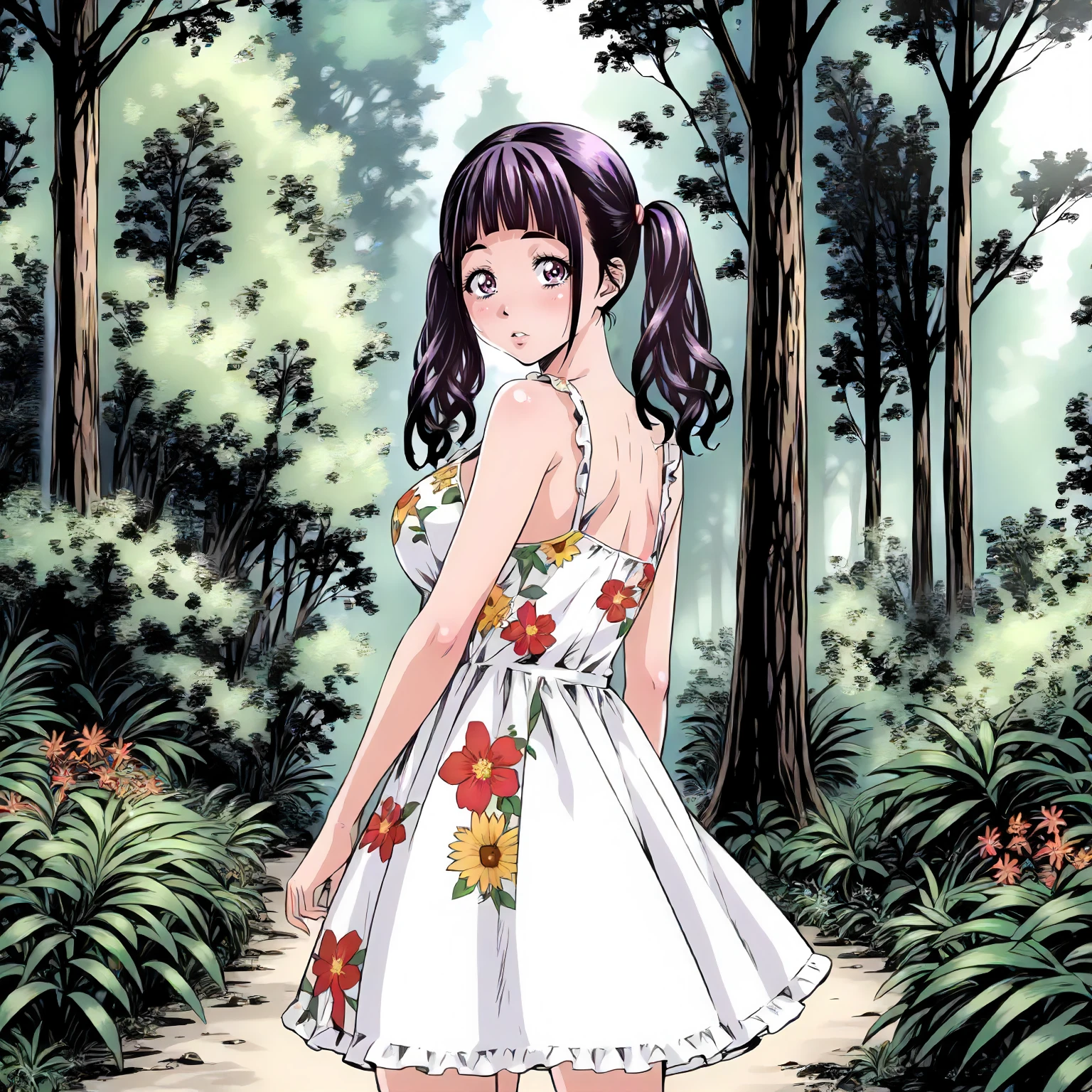 <lora:JdMnS_SanaXLpony001>,
outdoors,nature,
parted lips,looking at viewer,
solo,
Sana,1girl,black -purple hair,twintails,purple eyes,
large breasts,
sundress,floral dress,sleeveless,
standing,
looking back,