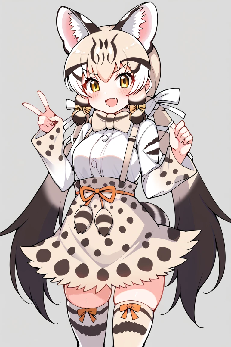 score_9, score_8_up, score_7_up, score_6_up, score_5_up, score_4_up, source_anime, BREAK <lora:ジョフロイネコ:1>, geoffroy's cat \(kemono friends\), df_cos, 1girl, animal ears, tail, striped tail, yellow eyes, blond hair, black hair, multicolored hair, long twintails, hair ribbon, bow, white shirt, long sleeves, high-waist skirt, thighhighs, boots, v-shaped eyebrows, smile, small breasts, blush, open mouth