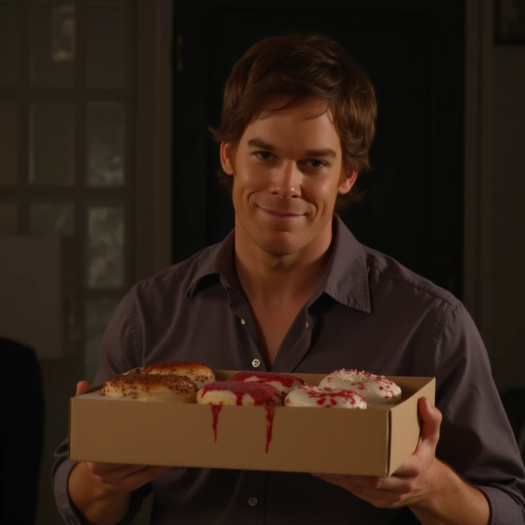 dextermorg, brown hair, 1boy, solo, male focus, realistic, highly detailed, skin texture, carrying a box of donuts,  smirk, blood