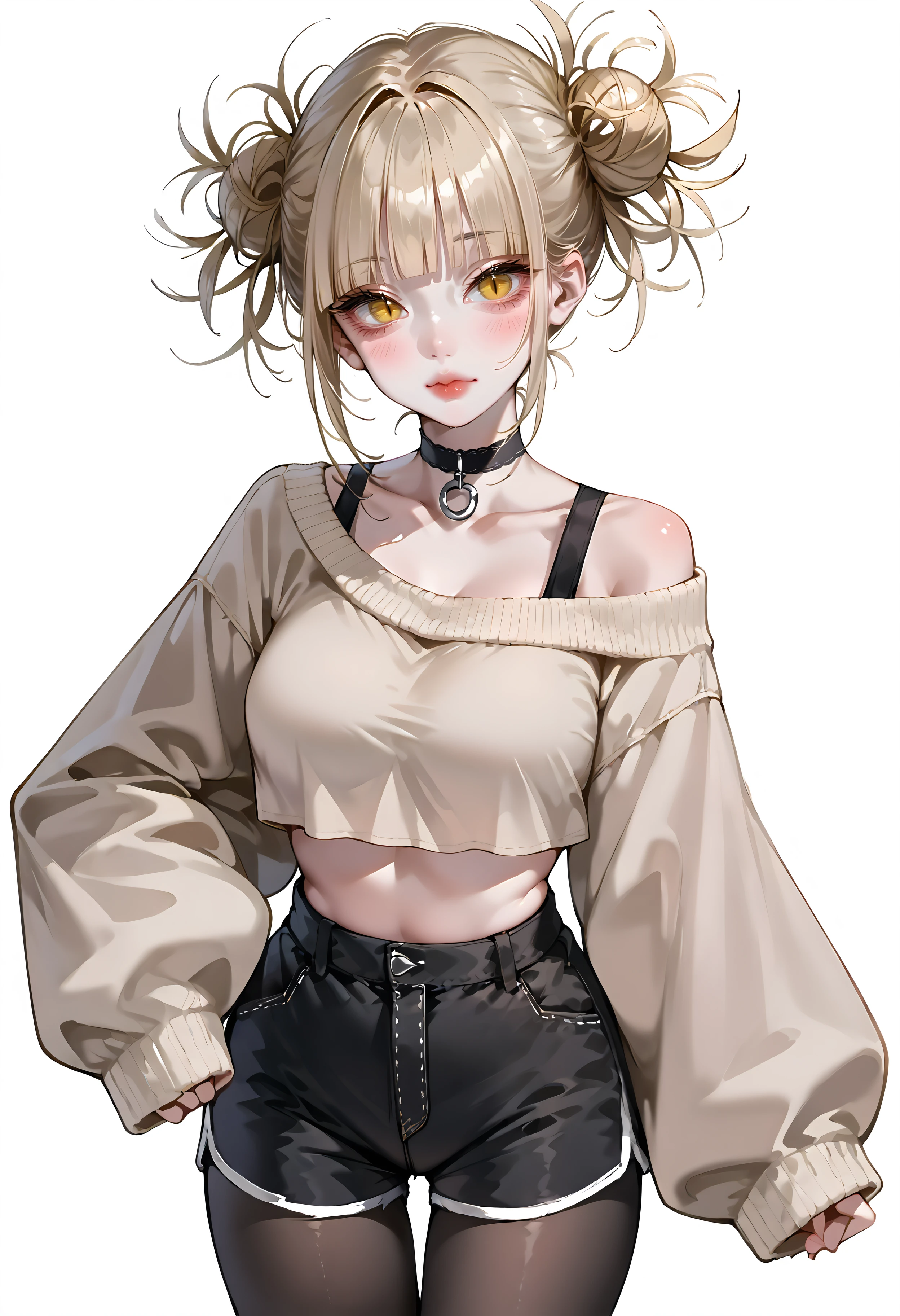 score_9, score_8_up, score_7_up, best quality, source_anime BREAK, white background,
1girl, solo, toga himiko, hair bun, double bun, shorts, pantyhose, blonde hair, high-waist shorts, choker, yellow eyes, sweater, white background, thigh gap, simple background, breasts, looking at viewer, black shorts, blush, blunt bangs, messy hair, sleeves past wrists, crop top, bags under eyes, cropped sweater, long sleeves, black choker, short shorts, closed mouth, collarbone, medium breasts, black pantyhose, sidelocks, off shoulder, slit pupils, midriff, alternate costume, cowboy shot, <lora:KoreanAIStyle:1>