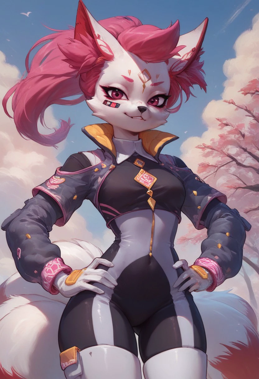 score_9, score_8_up, score_7_up, ultra quality, 1girl, Kimikoxl, anthro, fox girl, white fur, pink hair, ponytail, animal ears, animal nose, pink eyes, face markings, bandaid on face, bodysuit, collared jacket, long sleeves, white gloves, white thighboots, cowboy shot, hands on hips, multipl tails, looking at viewer, outdoors, sunny