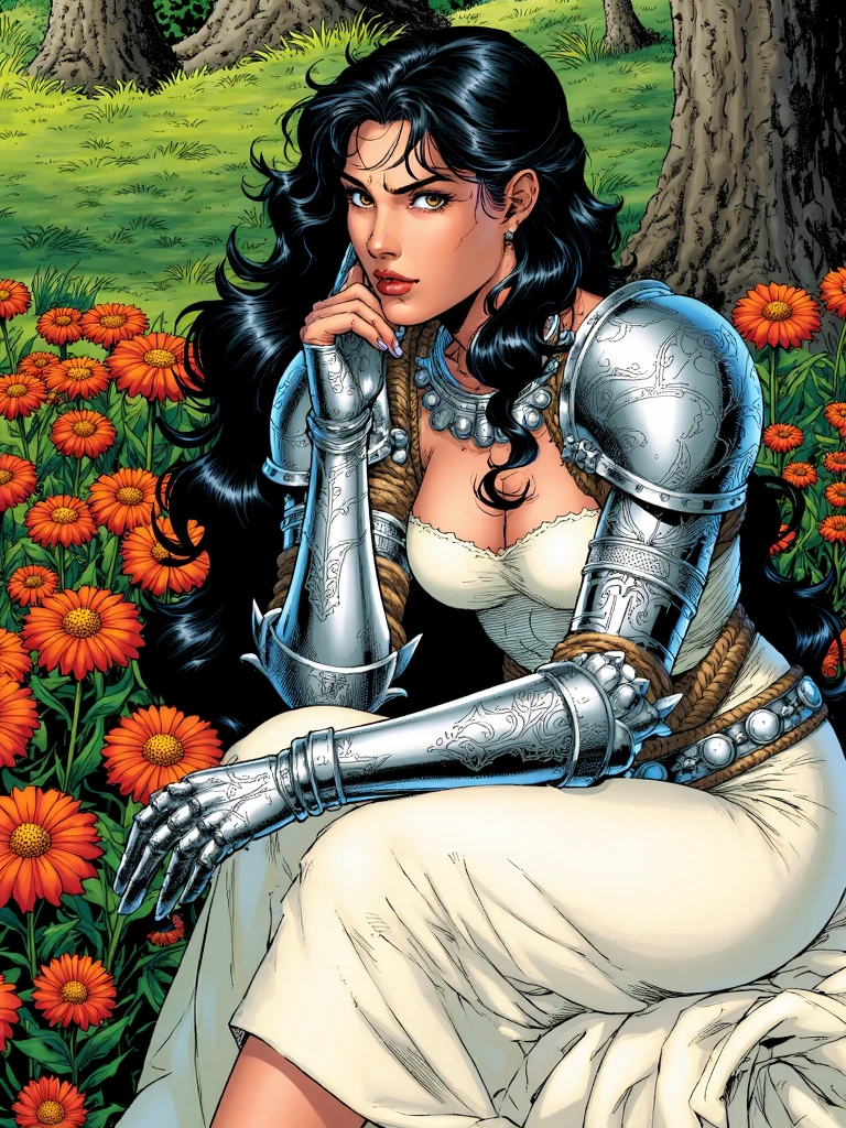 jimlee style, comicbook illustration, portrayal of a female figure in a garden setting. She is adorned in ornate silver armor with intricate designs complemented by a flowing white dress. Her long dark hair cascades down her back and she is depicted in a contemplative pose resting her head on her hand. The garden is lush with vibrant orange and red flowers and the background is a blend of green foliage and a hint of a stone wall. The color palette is rich and warm with the metallic sheen of her armor contrasting against the bright hues of the flowers and the earthy tones of the garden, <lora:sxz-Jim-Lee-Flux:1>