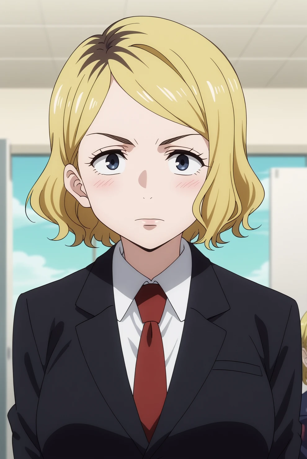 akari nitta,anime screencap,1girl,solo,mature,blonde hair,necktie,short hair,suit,red necktie,shirt,standing,office,emotionless <lora:Akari_Nitta_- PDXL2.safetensors:0.8>