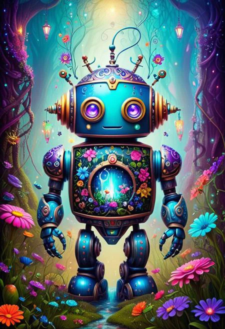 professional photography of an fantastical cute robot with whimsical elements, flowers and swirling magic, eerie fairytale landscape, elaborate fantasy style art, very colorful, intricate details, ultra sharp, exquisite detail, flawless composition, vivid colors, masterpiece, exciting background