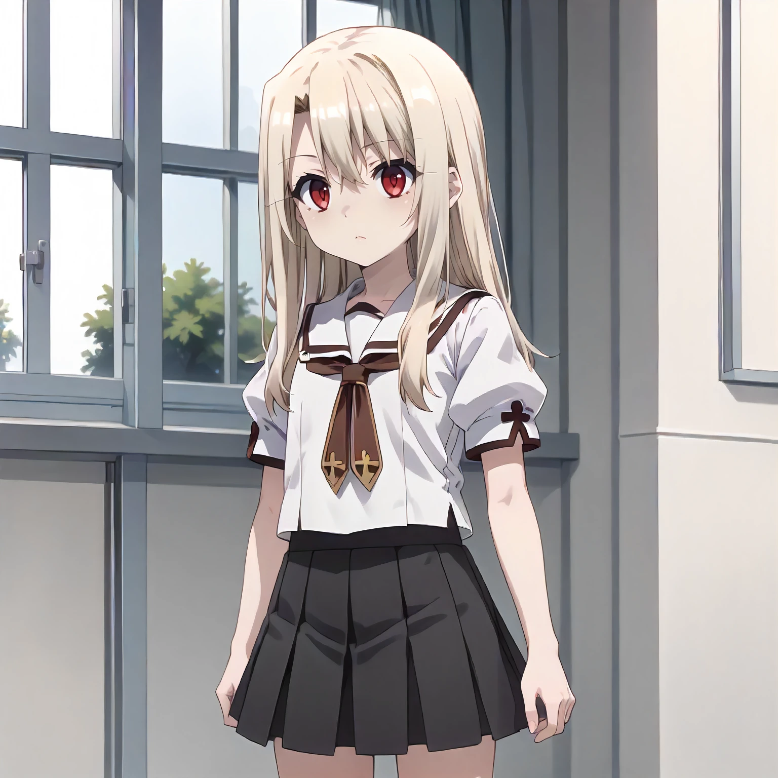 <lora:Fate_IllyaXLpony002>,
solo,
Illya,1girl,blonde hair,long hair,red eyes,
white sailor color,white shirt,brown ribbon tie,puffy_sleeves,short_sleeves,
pleated_skirt,black skirt,