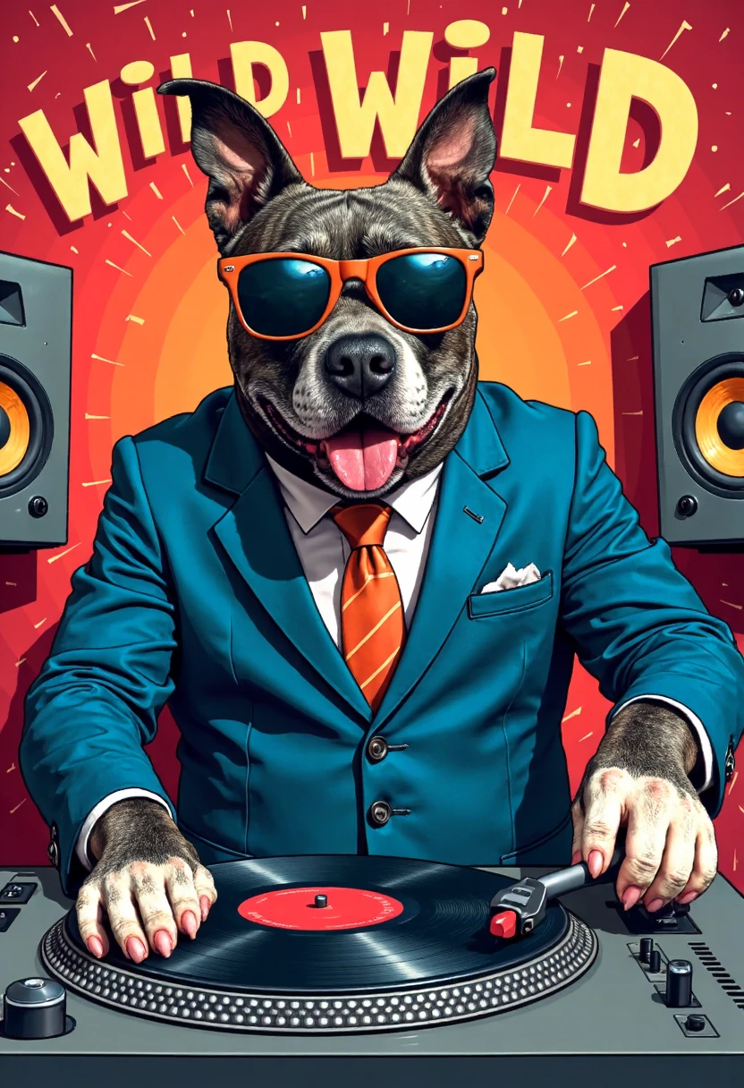 a happy plump Malu Dog wearing a sharp suit and tie with Rayban Wayfarer sunglasses, spinning records with his paws as a DJ, with turn-table and vibrating speakers in the background. Caption text says LETS GET WILD WILD WILD!, colorful pop art style illustration