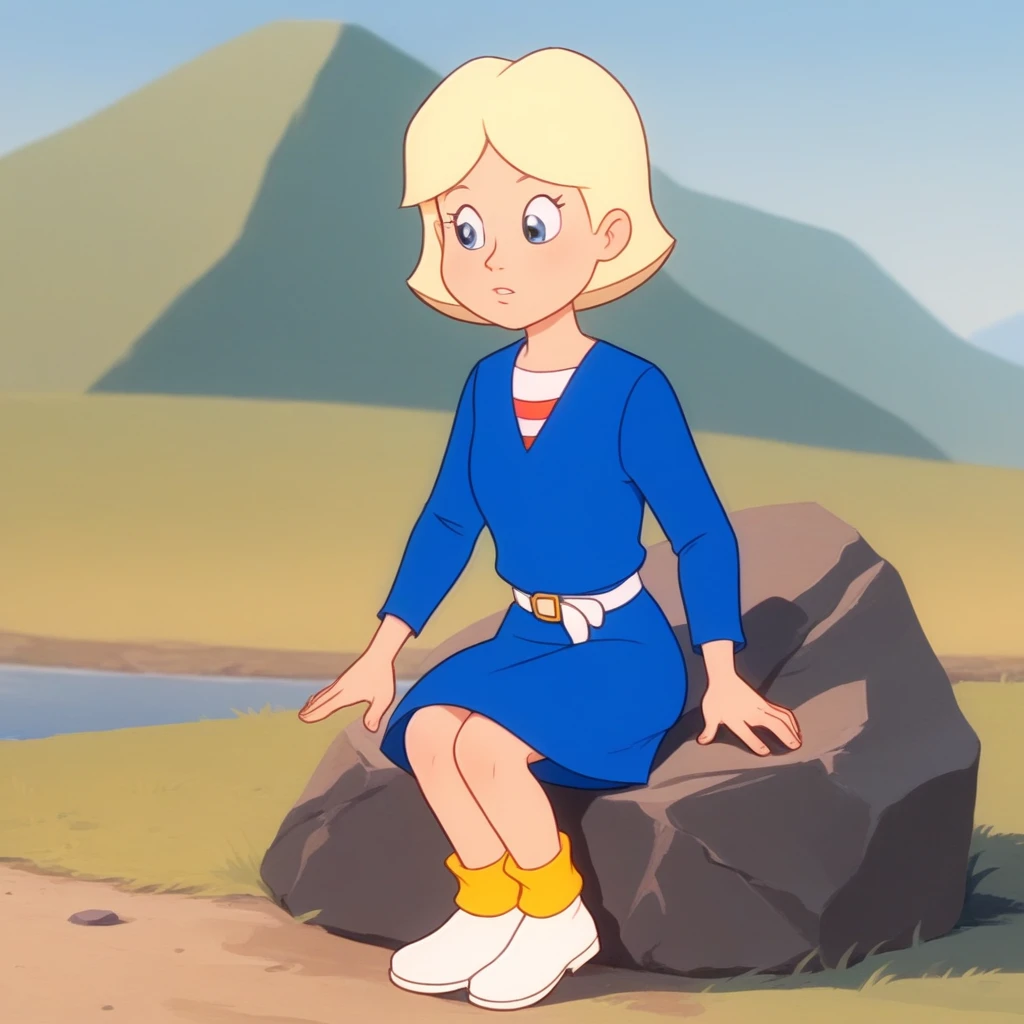 score_8_up, BREAK, JillSmith, 1girl, solo, short hair, blonde hair, blue eyes, blue dress, long sleeves, white belt, striped shirt, yellow buckle, white footwear, yellow socks,  <lora:JillSmith_MPM_PXL_Leaf2:1>, sitting on rock, outdoors, arms at sides,