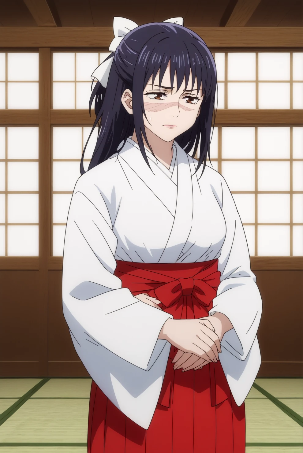 utahime iori,anime screencap,1girl,solo,mature,japanese clothes,miko,scar,brown eyes,black hair,long hair,hakama,red hakama,bow,indoors,dojo <lora:Utahime_Iori - PDXL2.safetensors:0.8>