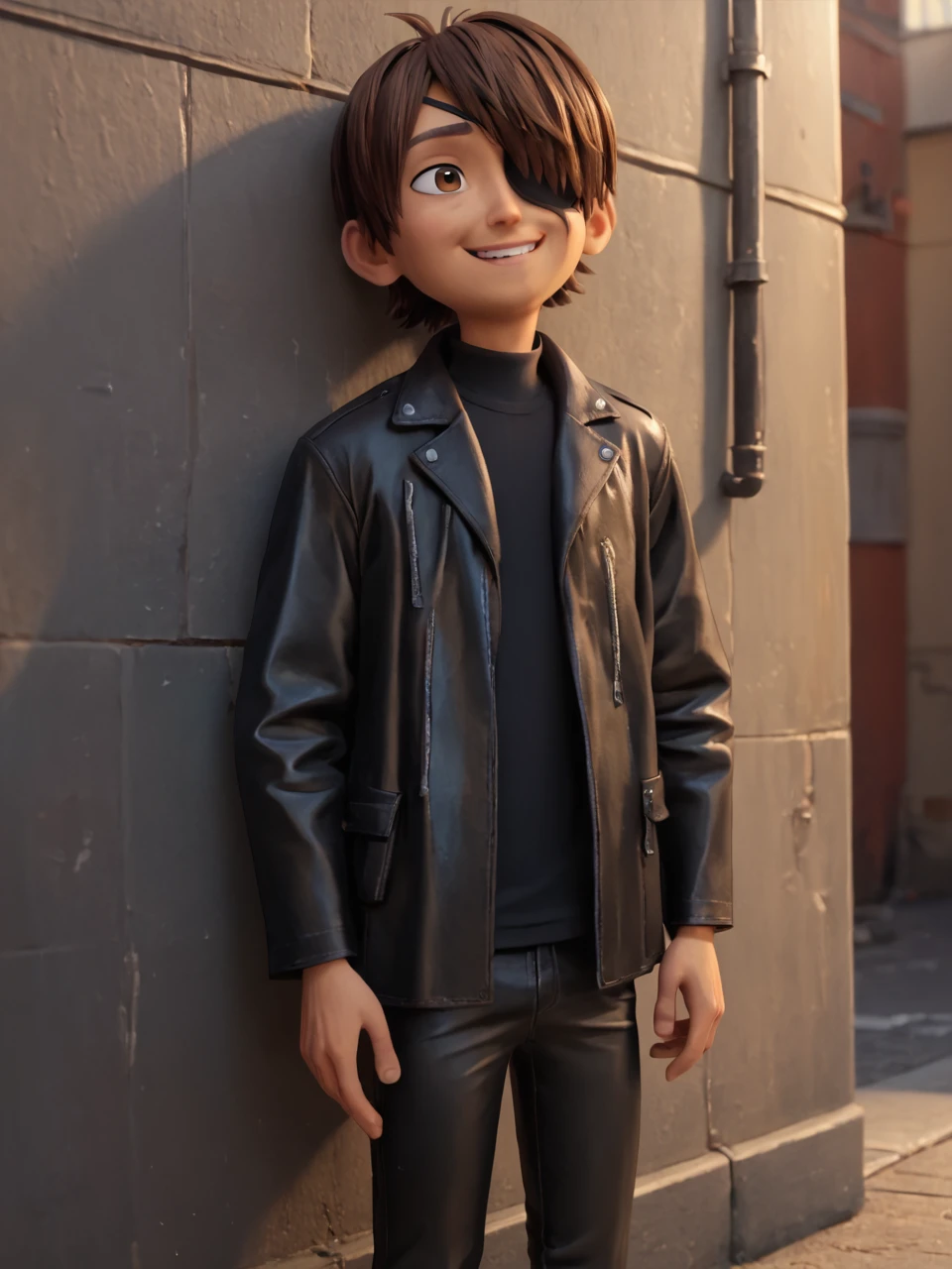 score_9, score_8_up, score_7_up,  score_6_up, BREAK, LaiKubo, 1boy, solo, brown hair, brown eyes, hair over one eye, topknot, eyepatch, black shirt, shirt, black pants, leather pants, leather coat, shiny leather coat, long leather coat, smile, alley, lean on wall <lora:Kubo:0.7>