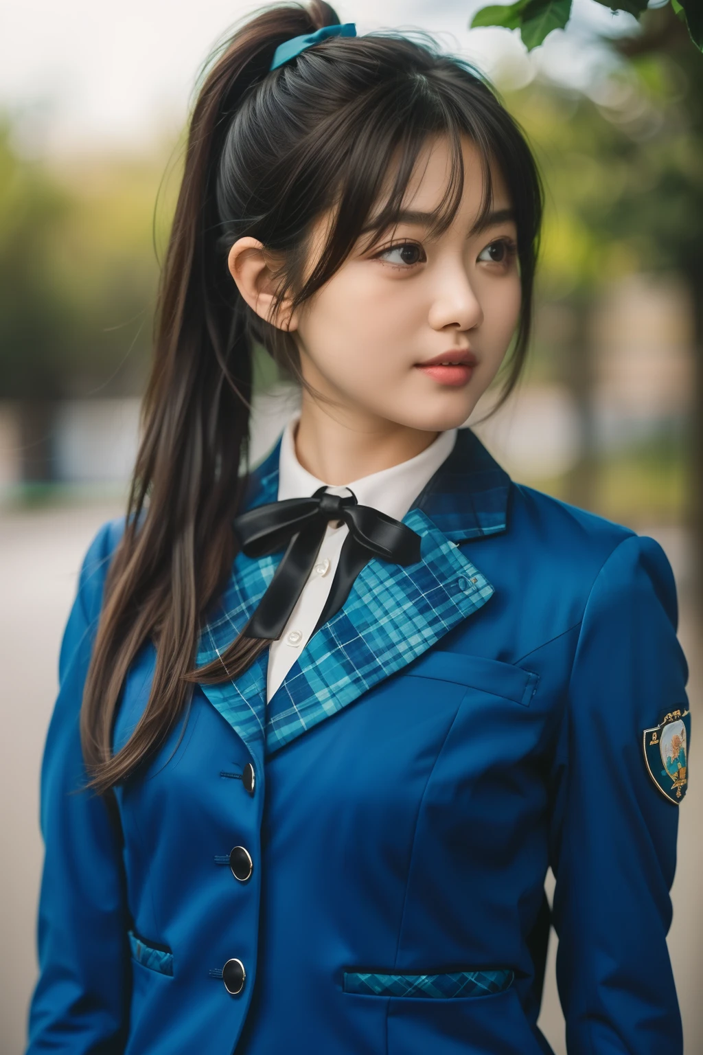 masterpiece,intricate,(upper body:1.2),depth of field,best quality,1girl,solo,plump,smile,asian,white skin,25y.o,beautiful,black hair,looking away,(wearing 12th single hinatazaka46 seifuku:1.3),black ribbon,(blue blazer:1.1),long sleeves,plaid,collared shirt,uniform,(badge:1.2),(emblem:1.3),(from left:1.2),<lora:Hinatazaka46_12th_Single_Seifuku:0.8>,in spring,day,nature,on a hill,outdoors,(cinematic light:1.2),bangless,, RAW photo, subject, (high detailed skin:1.2), 8k uhd, dslr,soft lighting,high quality, film grain, Fujifilm XT3, <lora:epiNoiseoffset_v2-pynoise:1>, highres,huge filesize,HD,highest quality,best quality,highly detailed hair,proportional body,proportional breasts,beautiful breasts,highly detailed skin,goosebumps,visible pores,intricate,masterpiece,ultra high res,photorealistic,depth of field,RAW photo,best quality,realistic,photo-realistic,an extremely delicate and beautiful,CG,finely detail,absurdres,, <lora:add_detail:0.5>,add_detail