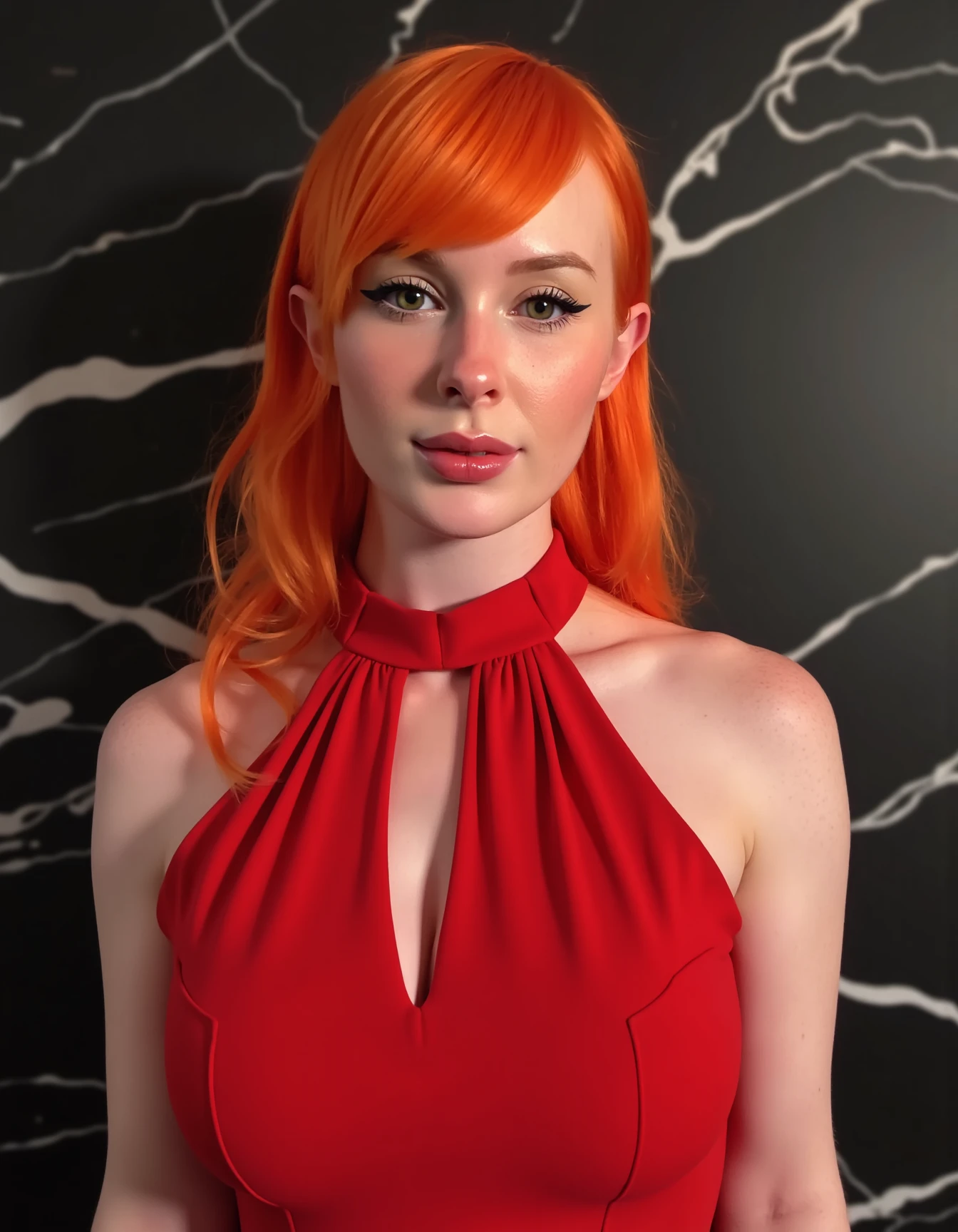 A photo  of JennaLynn looking directly at the camera, wearing  a classy red neck  dress, background of a polished black marbel <lora:jennaLynnFlux:1>