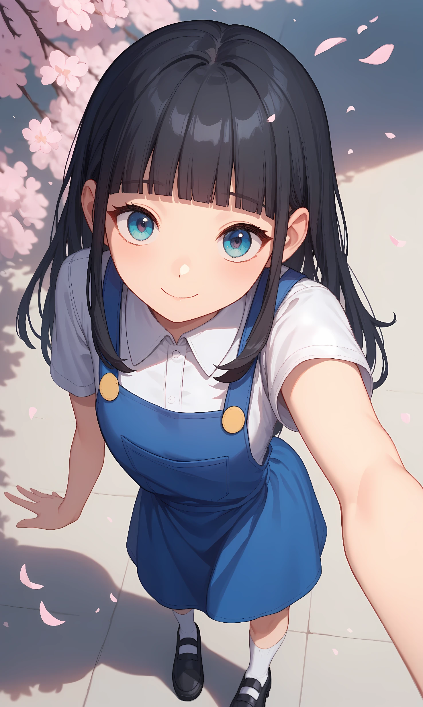  score_9, score_8_up, score_7_up, BREAK source_anime, 1girl, solo, outdoors, street, cherry blossoms, cowboy shot, standing, looking at viewer, marina, blue eyes, black hair, long hair, blunt bangs, collared shirt, short sleeves, blue dress, white socks, black shoes, from above, close-up, smile, closed mouth, pinafore dress, arm up, reaching out