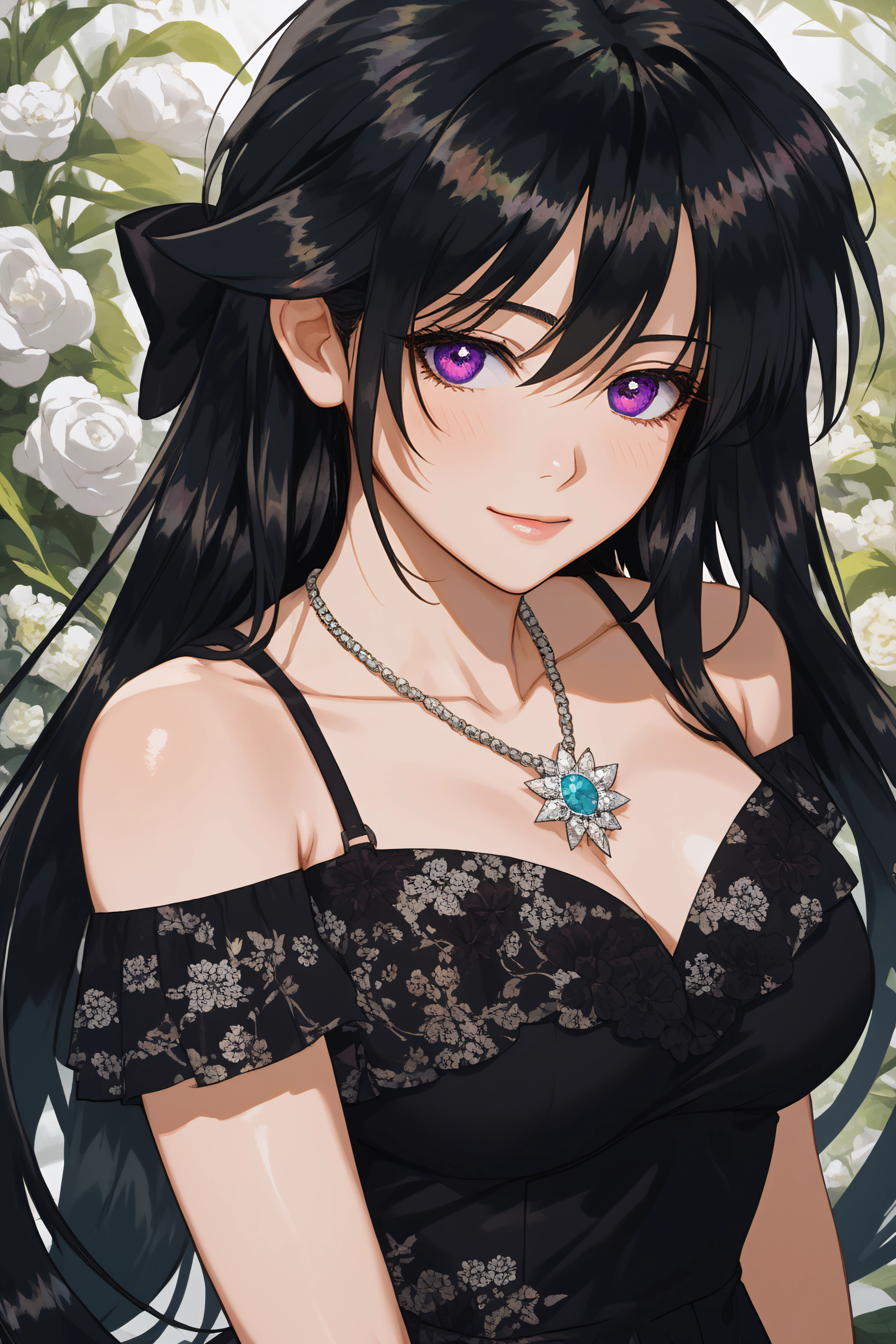 score_9, score_8_up, score_7_up, BREAK source_anime, <lora:Rainelle-PonyXL-lora-Faxtron:1> rainelle, purple eyes, black hair, long hair, shiny hair, medium breasts, necklace, black dress, bare shoulders, floral print, collarbone,