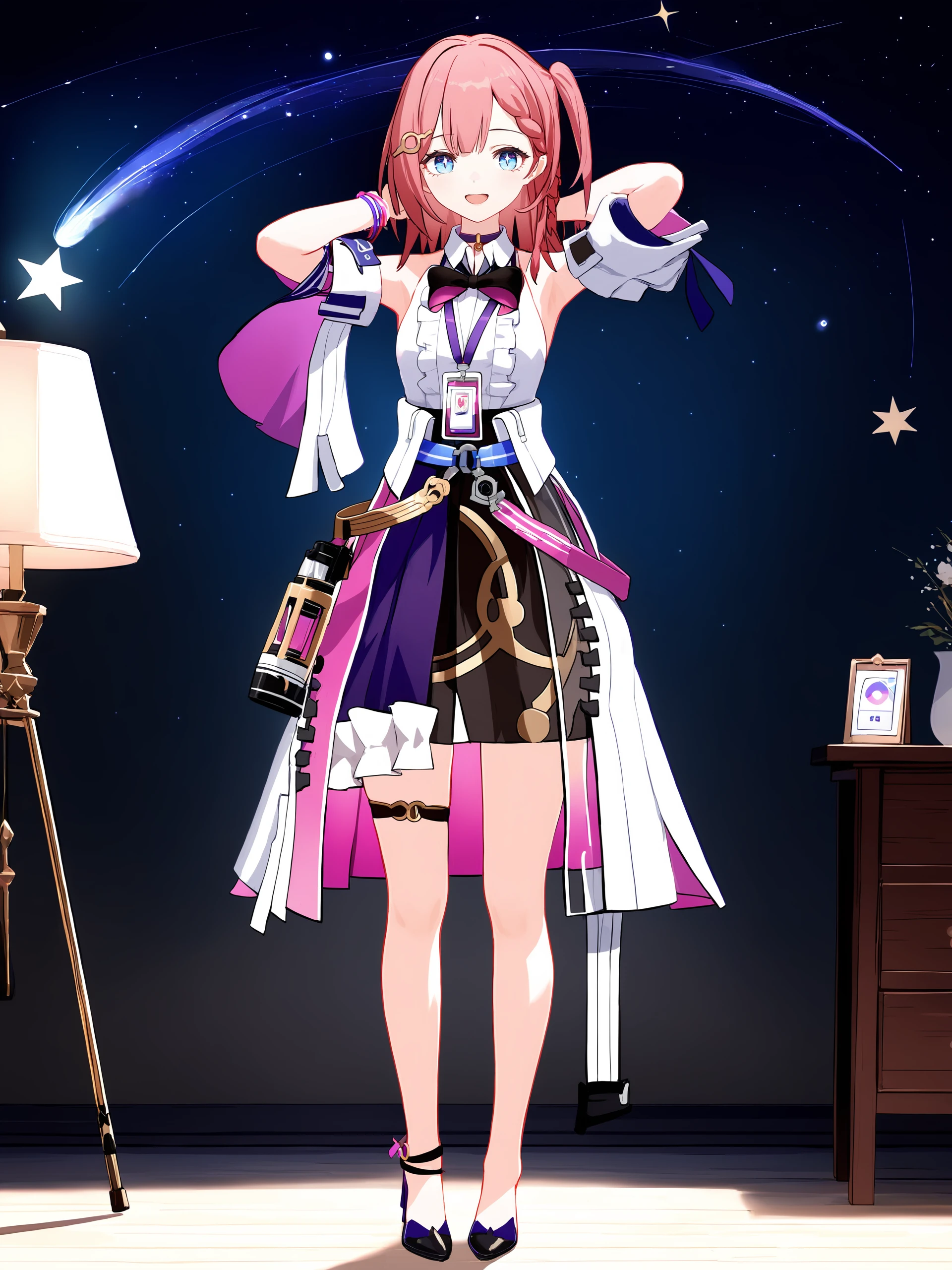 1girl, asta \(honkai: star rail\), detached sleeves, sleeveless shirt, id card, high heels, high-waist skirt, overskirt, anklet, thigh strap, bracelet, hairpin, belt, bowtie, choker, looking at viewer, starry sky, shooting star, smile, open mouth, hands in hair, full body, standing <lora:Char-HonkaiSR-Asta-XL-V1:0.8> <lora:XL-tool-extremely_detailed:1>, masterpiece, best quality, perfect features, extremely detailed, intricate details, ray tracing, very aesthetic