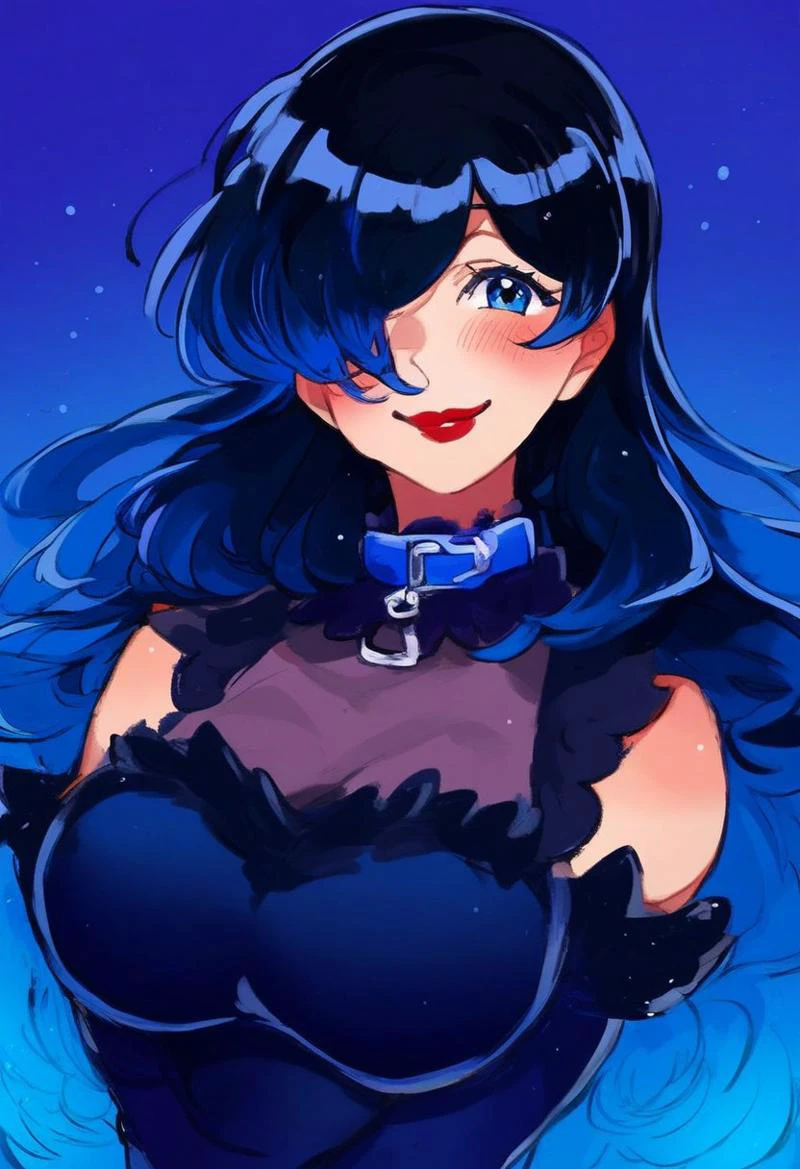 score_9, score_8_up, score_7_up, rating_safe,
Mairimashita,
1girl, solo, long hair, breasts, looking at viewer, blush, smile, bangs, blue eyes, large breasts, black hair, closed dress, gloves, dress, closed mouth, blue hair, upper body, multicolored hair, elbow gloves, hair over one eye, collar, lips, gradient hair, red lips,