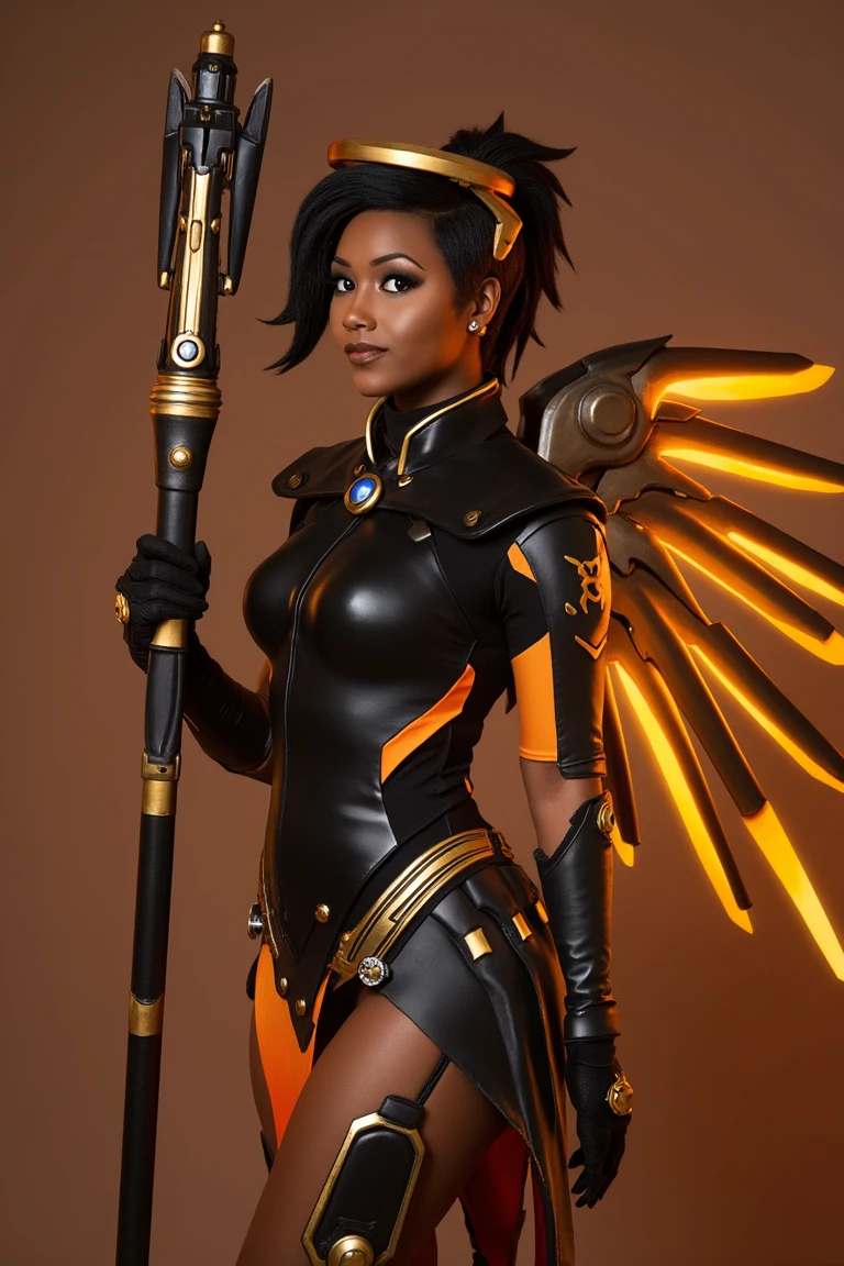 a black african american woman cosplaying as mercy, black body armor with golden accents, black and golden staff, golden halo, black mechanical wings with a golden glow, black iconic hair wig 