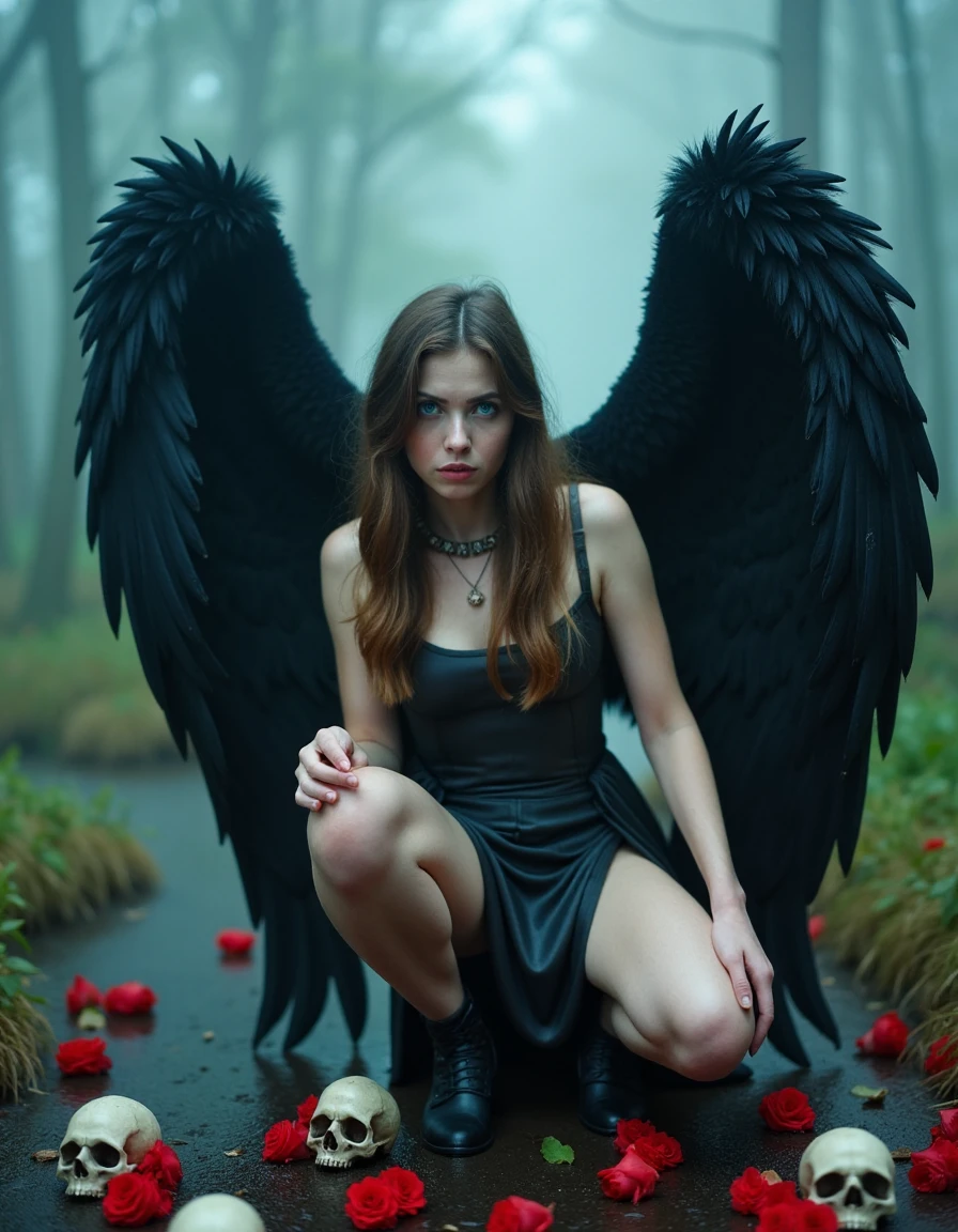 photo of a sad female fallen angel with black wings in a foggy swamp,light leather armor,squatting,looking at viewer,skulls and red roses on ground,bright blue eyes,vibrant colors,intricate,soft lighting,high quality,film grain,sharp focus,Luis Royo style,Black and color