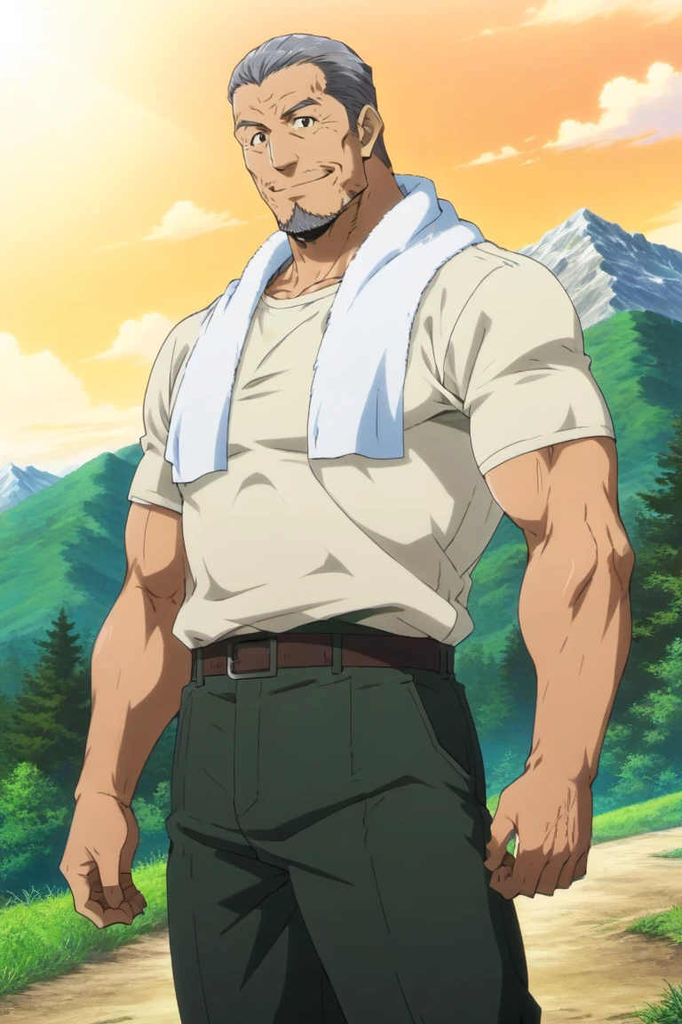 perfect anatomy, perfect proportions, best quality, masterpiece, high_resolution, high quality, aesthetic, absurdres, (male focus), solo male, adult, mature, masculine, manly, handsome, charming, alluring, solo man, old man, source_anime, anime coloring, Daisaku Mikage, SSDaisaku, grey hair, short hair, hair slicked back, black eyes, facial hair, goatee, white t-shirt, short sleeves, green pants, white towel around neck, cowboy shot, dutch angle, blue sky, outdoor, mountain, smile