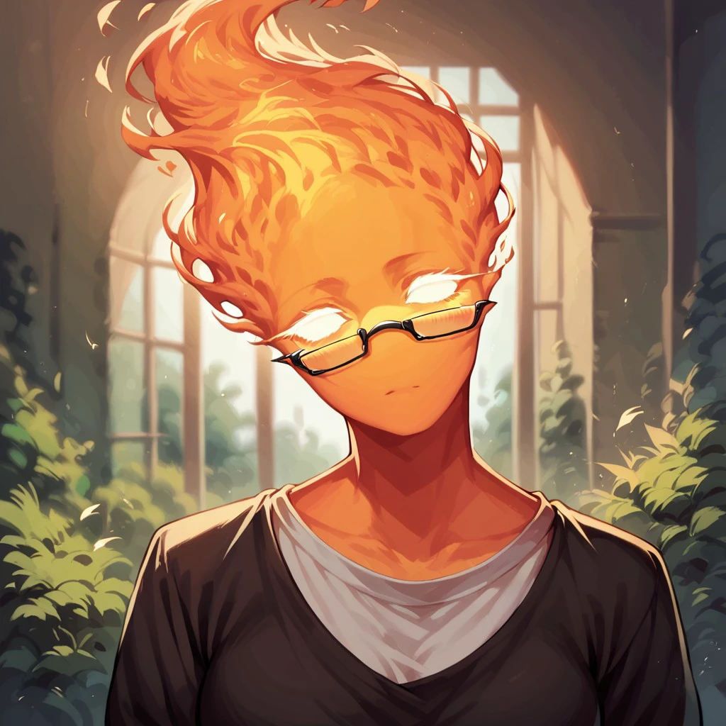 (((detailed, beautiful, high quality))), score_9, score_8_up, score_7_up, upper body,
firehuman, fiery body,
1girl, orange body, white eyes, glasses, black top, white shirt,
looking at the viewer, posing, blurred background, blurred fantasy background,