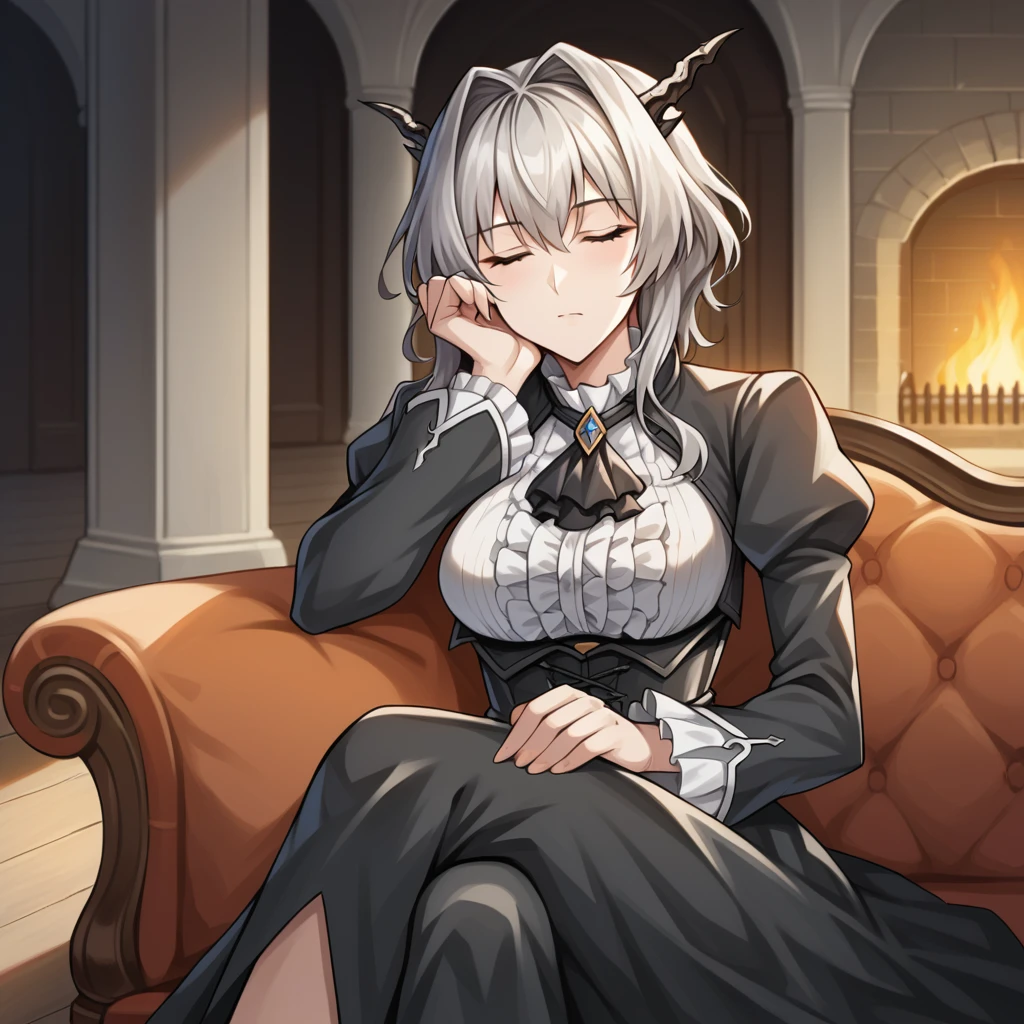 score_9_up, score_8_up, score_7_up, source_anime, masterpiece, best quality, 1girl, solo, Talulah_Ark, Tal_Def, medieval interior, dimmed light, shadow, fireplace, sitting on couch, crossed legs, head rest, emotionless, closed eyes, grey hair, dragon horns, yellow eyes, dragon tail, frilled shirt, white shirt, frilled necktie, black jacket, cropped jacket, long sleeves, puffy black sleeves, black underbust corset, black skirt, mature body, dynamic cowboy shot, indoors, gothic castle background