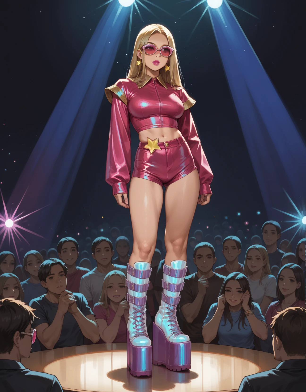 score_9, score_8_up, score_7_up, score_6_up, score_5_up, score_4_up, 1girl, makeup, lipstick, large breasts, long blonde hair, hud_z1ggysd, pink sunglasses, iridescent, crop top, long sleeves, midriff, shorts, star (symbol), boots, platform footwear, <lora:hud_z1ggysd_XLP:0.6>, stage lights,