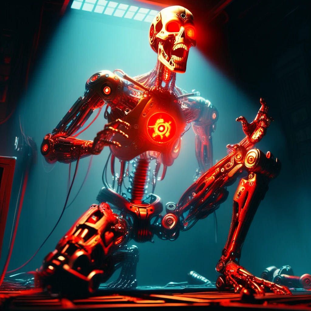 humanoid robot, on one knee, robot joints, full body, mechanical parts, solo, no humans, bald, glowing red eyes, looking away, skull nose, open mouth, teeth, mechanical arms, mechanical hands, open hands, mechanical fingers, mechanical legs, mechanical feet, horror (theme)