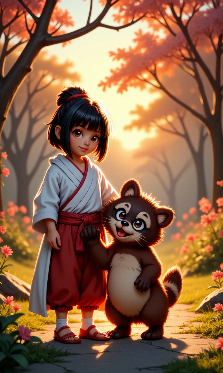 HDR photo of <lora:Pocky_and_Rocky_-_SNES_-_Characters:0.9>PockySNES_and_RockySNES, 1girl, 1raccoon_dog, black hair, brown fur, white robe, baggy red pants, sandals, feet, socks, Standing side by side in a peaceful, dappled sunlight, sunset, warm, sunlit clearing, both looking directly at the viewer with warm, welcoming smiles. PockySNES holds her gohei at her side, her other hand gently resting on RockySNES's head as he grins playfully, one paw raised in a friendly wave. The background is filled with blooming flowers and softly swaying trees, capturing the serene and joyful bond between the two companions, Idyllic, highly detailed, volumetric, dramatic lighting, professional 3d model, cinematic lighting, fine character details, . High dynamic range, vivid, rich details, clear shadows and highlights, realistic, intense, enhanced contrast, highly detailed, Idyllic, highly detailed, volumetric, dramatic lighting, professional 3d model, cinematic lighting, fine character details, <lora:Flux 1D - Nectarine Nymphs V1 - Epoch 5:1.0> big eyes, 1girl, pinup, female focus, peaceful, happy, pleasant, harmonious, picturesque, charming,