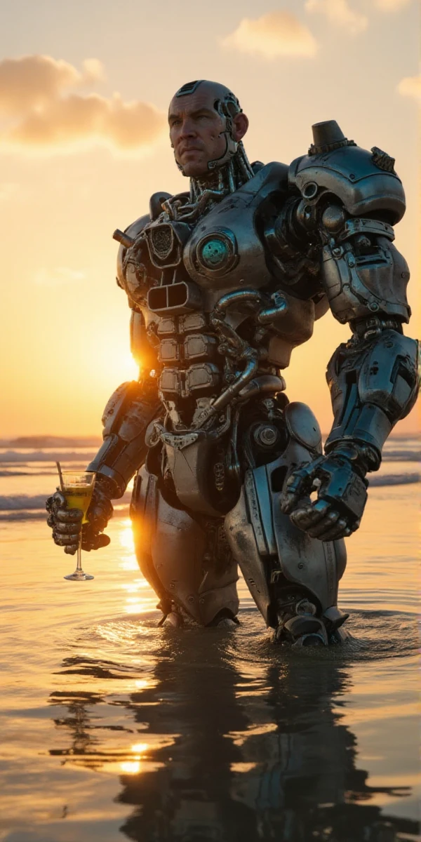 Grewishka, a giant bald science fiction robot with a white man face and blue eyes, is having a cocktail on the beach by sunset   <lora:Grewishka:1>