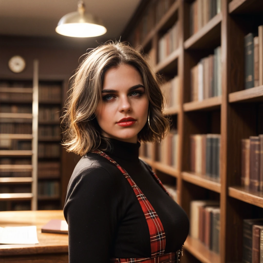 <lora:4mb3rf_47PN-000009:0.9>, a professional photograph of 21 year old beautiful(4mb3rf woman:1.1) as a librarian,wearing a red plaid dress,standing in a (library at Oxford University:1.3),holding an leather bound book,with students studying at (wooden desks:1.2),with (high arched ceiling:1.2),surrounded by rows of tall (bookshelves with ladders:1.3) in background,long brown hair,lipstick,makeup and eyeshadow,(upper body:1.2),(medium close up shot),shallow depth of field,vignette,highly detailed,high budget,bokeh,cinemascope,moody,epic,gorgeous,film grain,grainy,volumetric lighting, emotional, harmonious, score_9,score_8_up,score_7_up, source_photo, Photorealistic, Hyperrealistic, Hyperdetailed, analog style, soft lighting, subsurface scattering, realistic, heavy shadow, masterpiece, best quality, ultra realistic, 8k, golden ratio, Intricate, High Detail, film photography, soft focus