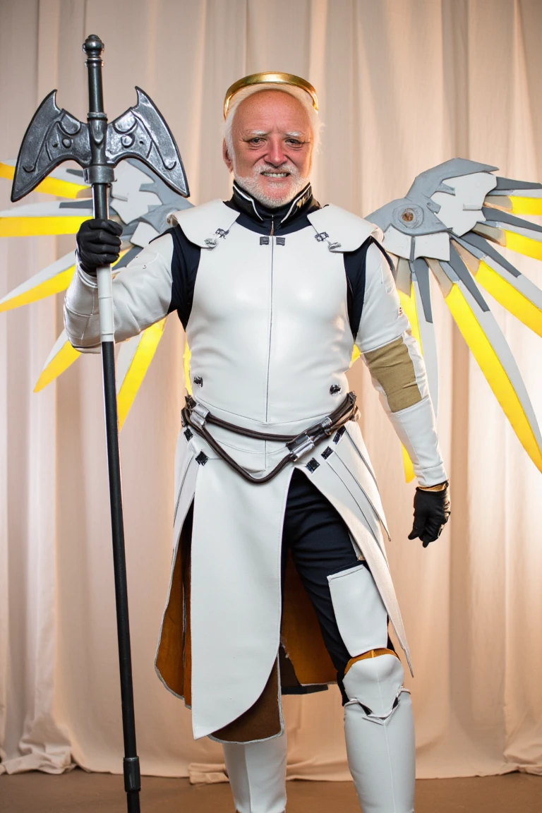 (harold, an old man) is cosplaying as mercy in a white body armor with mechanical wings with glowing blades and a staff, golden halo