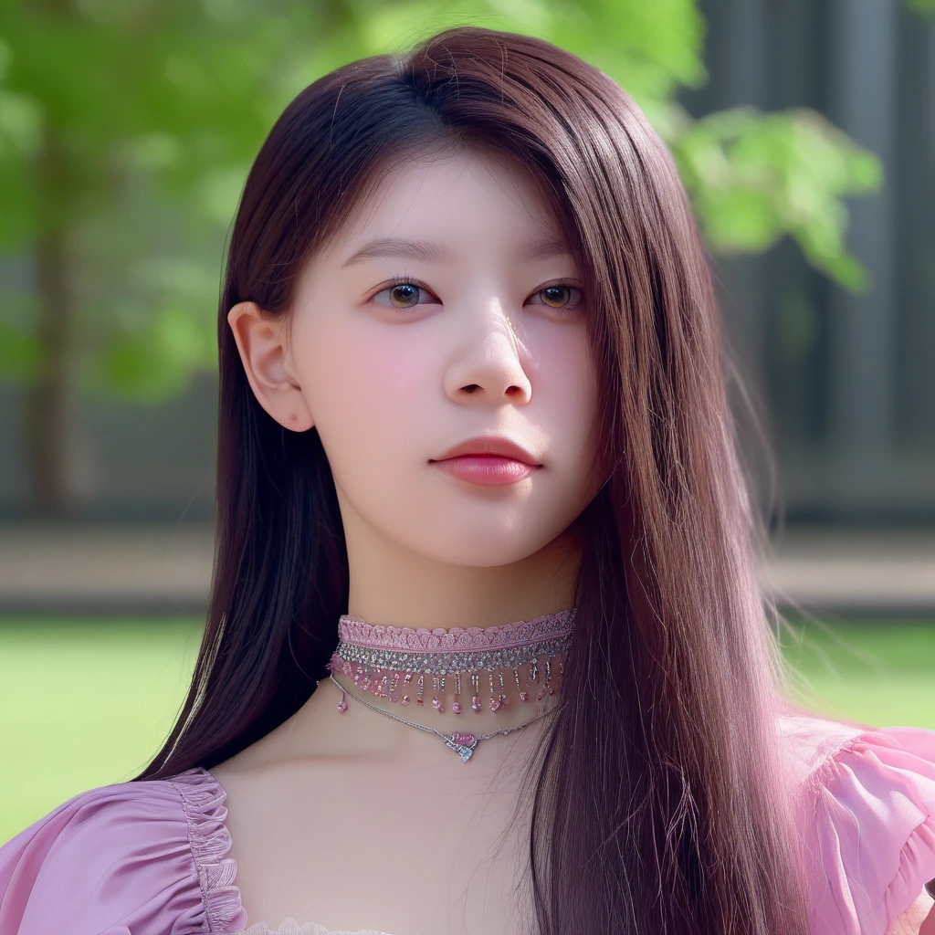 moka, (best quality, masterpiece:1.3), realistic, 1girl, solo, cute, beautiful, (looking at viewer:1.2), beautiful expression, (upper body:1.2), portrait, (straight on), outdoors, in the park, (closed mouth:1.3), pink dress, long hair, medium breast, detailed face, detailed eyes, detailed iris, lips, highres
