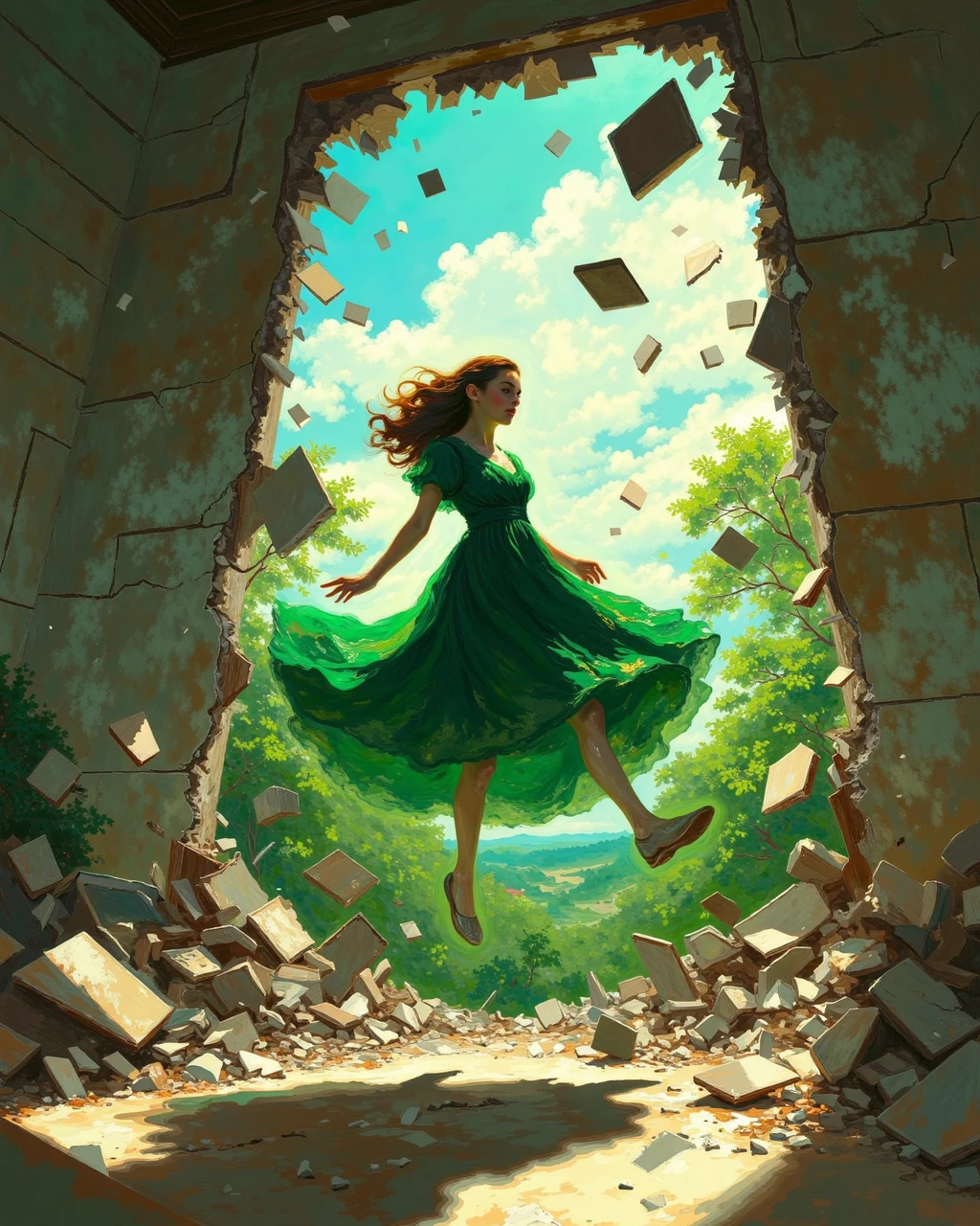 DB4RZ style painting, woman wearing a green dress is floating mid-air, surrounded by floating debris and rubble, broken wall and ceiling with sunlight streaming through opening, greenery outside, mystical atmosphere