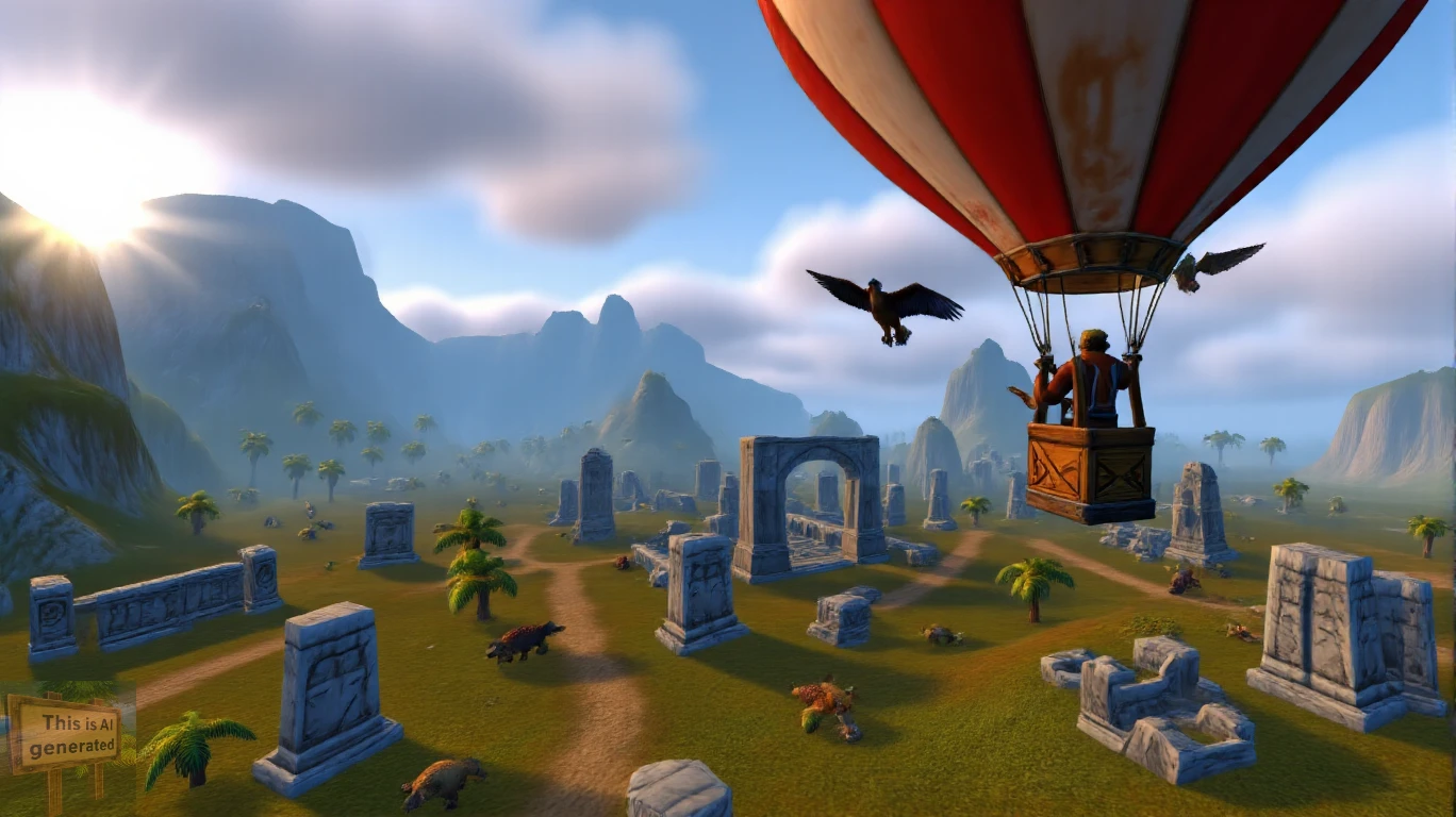 photographic, ultrarealism:1.3, real life, world of warcraft,a janitor flies a hot air balloon over ancient ruins of civilizations long dead while annoying dinosaur birds try to puncture the balloon as he soars ever higher into the atmosphere, cloudy weather, bright sunlight and beautiful scenes of nature. panoramic view. Scenic landscape, highly detailed, frantic emotions, 