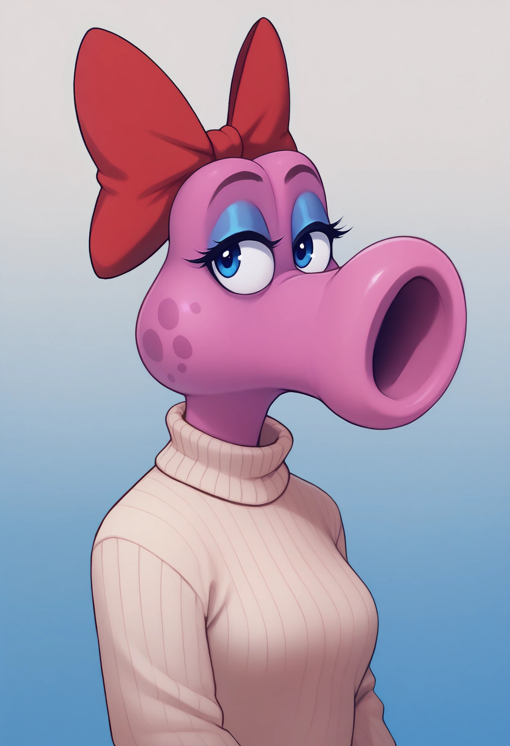 score_9, score_7_up, <lora:birdo-guy-PONY-LyCORIScr-v1:.95>, 1girl, solo, birdo, furry female, hair bow, makeup, pink skin, two-tone skin, sweater, portrait, gradient background, blue background