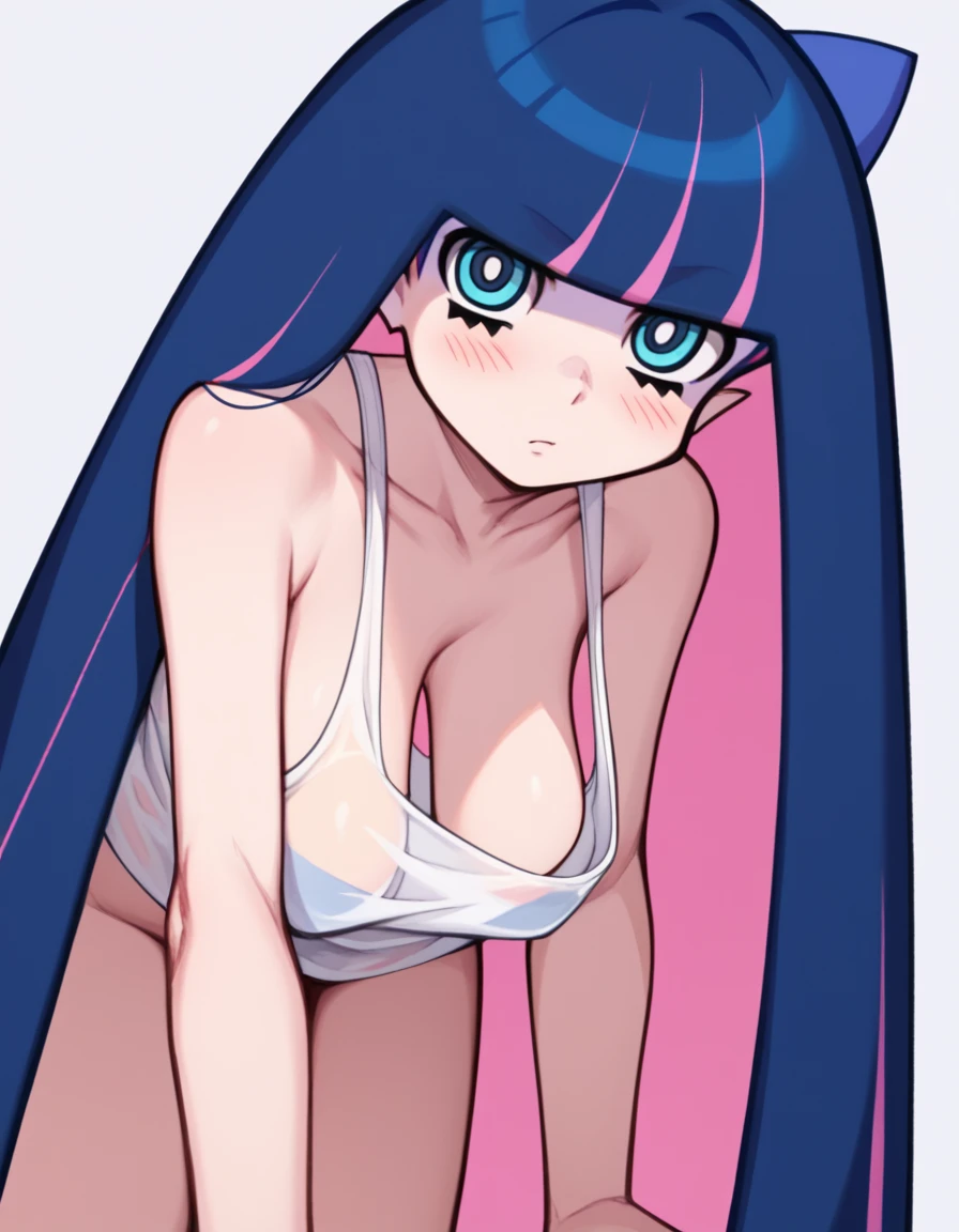 score_9, score_8_up, score_7_up, source_anime, <lora:stocking-anarchy-anime-ponyxl-lora-nochekaiser:1>, stocking anarchy, blue eyes, blue hair, colored inner hair, hair bow, long hair, multicolored hair, pink hair, two-tone hair, bangs, blunt bangs,, <lora:hanging-breasts-ponyxl-lora-nochekaiser:1>, hanging breasts, bent over, naked shirt, no bra, see-through, see-through shirt, sideboob, standing, tank top, thighs, white tank top,, blush, looking at viewer, breasts apart, cowboy shot, dutch angle, cleavage, sagging breasts,, , cowboy shot, dutch angle