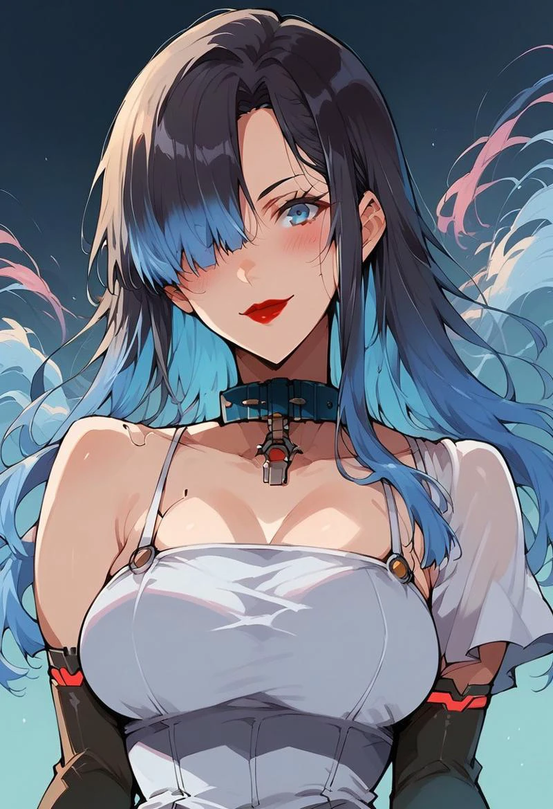 score_9, score_8_up, score_7_up, rating_safe,
CyberEcho, Cyber3ch0,
1girl, solo, long hair, breasts, looking at viewer, blush, smile, bangs, blue eyes, large breasts, black hair, closed dress, gloves, dress, closed mouth, blue hair, upper body, multicolored hair, elbow gloves, hair over one eye, collar, lips, gradient hair, red lips,