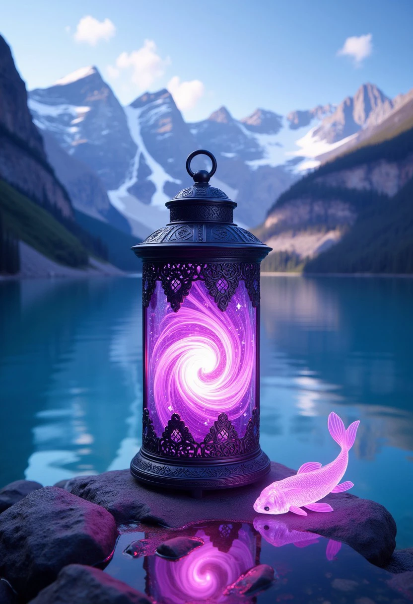 A vibrant purple lantern with a swirling, magical light, placed on a crystal-clear lake surrounded by towering, iridescent mountains, with a glowing spirit fish swimming beneath the surface.