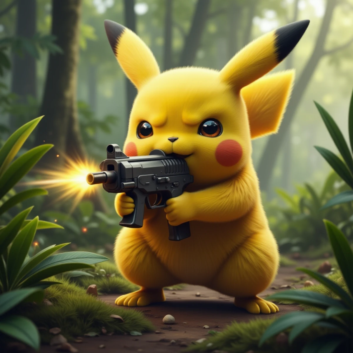a realistic photo of pikachu is shooting a machinegun in the jungle. It's war! <lora:Pikachu:0.9>