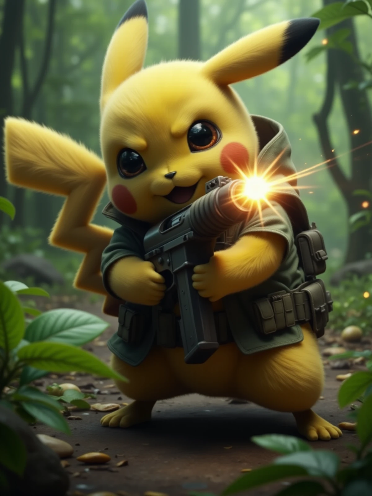 a realistic photo of pikachu is shooting a machinegun in the jungle. It's war! he wears a bulletproof jacket and war facepaint<lora:Pikachu:0.9>