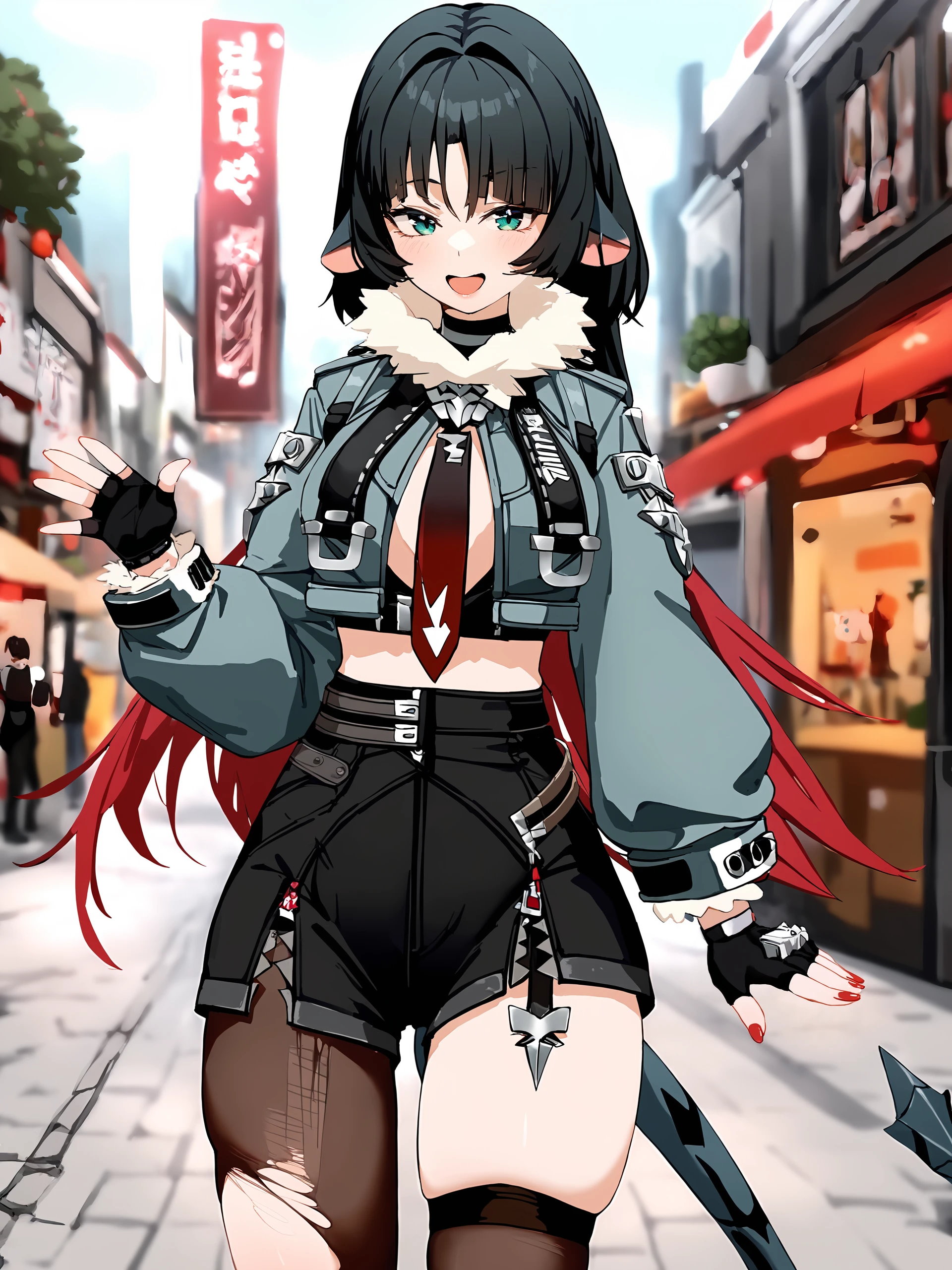1girl, jane doe \(zenless zone zero\), fingerless gloves, black shorts, tail, cropped jacket, single garter strap, single leg pantyhose, single thighhigh, necktie, long hair, looking at viewer, smiling, open mouth, street, outdoors, depth of field, standing, cowboy shot <lora:Char-ZZZ-JaneDoe-V1-XL:1> <lora:XL-tool-extremely_detailed:1> solo, extremely detailed, masterpiece, best quality, perfect features, intricate details, HDR, natural light